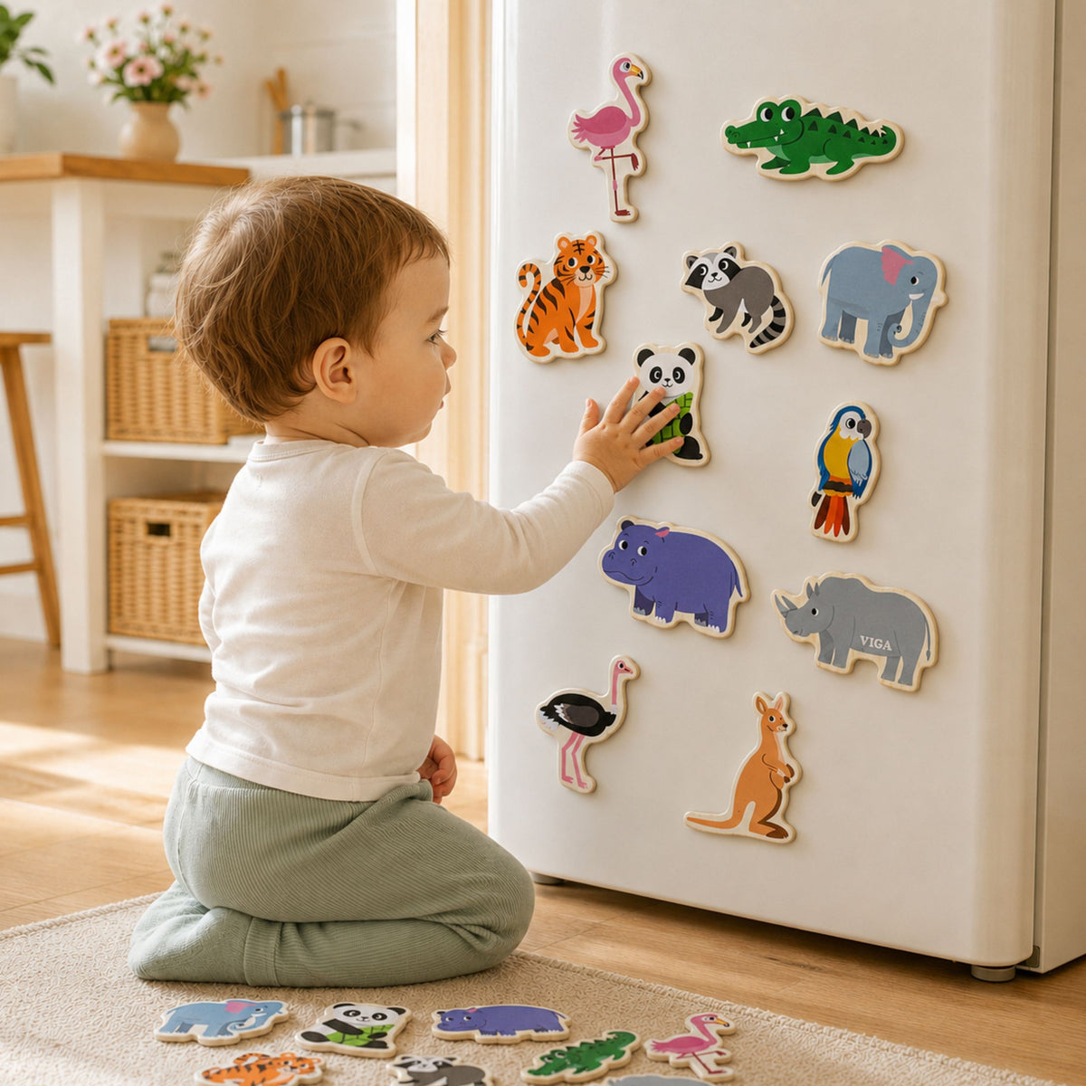 Magnesy drewniane Viga Dzikie Zwierzęta – Kolorowe magnesy edukacyjne 18m+