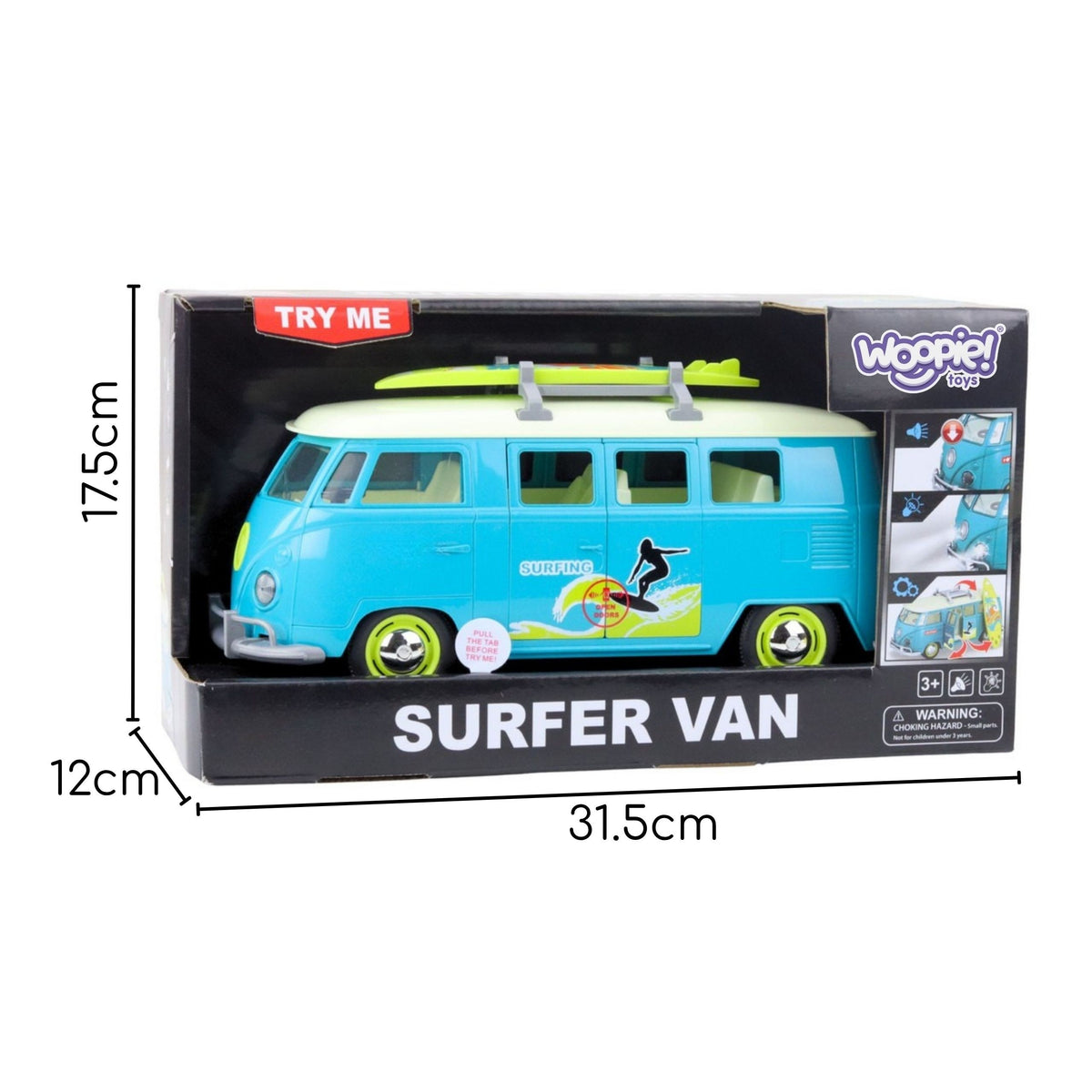 Woopie Classic Surf Bus Car com luzes e som modelo 1:14