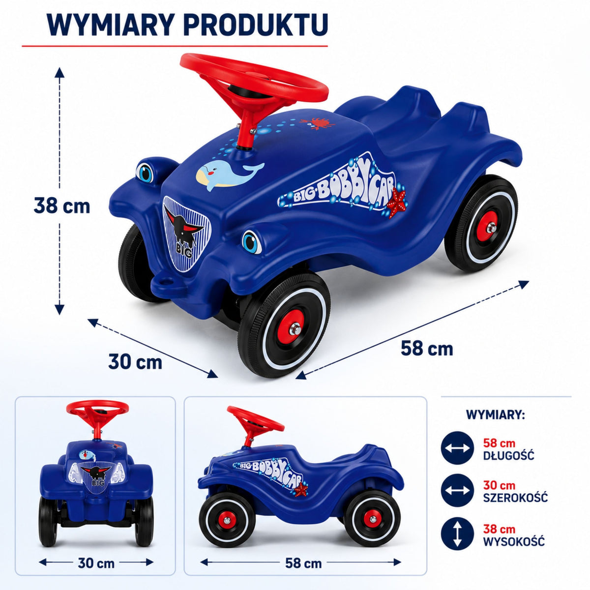 Duży, klasyczny pojazd Bobby Car z rysunkiem delfinów