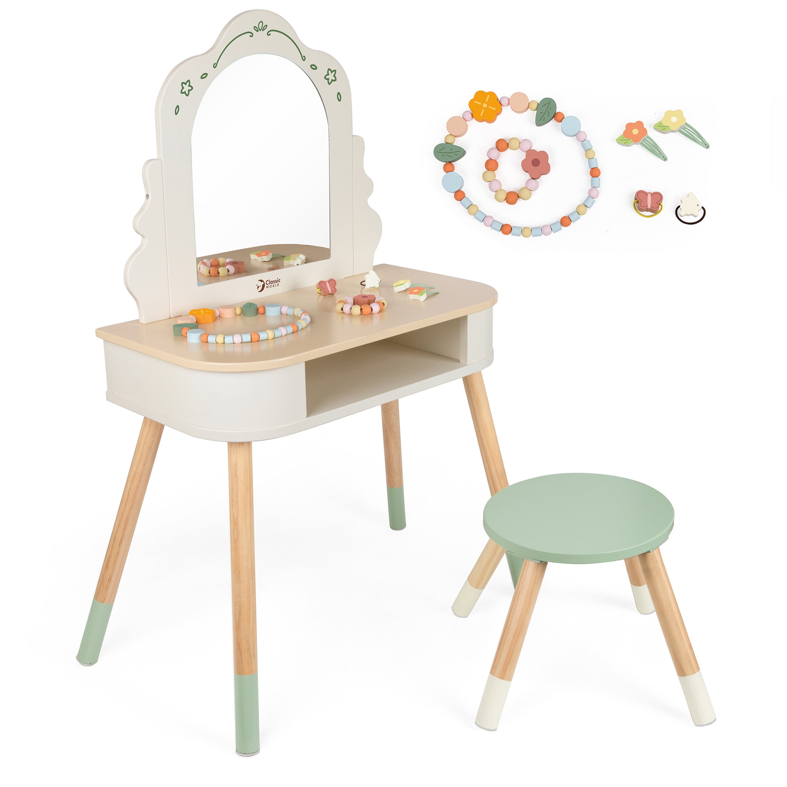 Classic World Wooden Dressing Table With Mirror Chair And Accessories Pastel