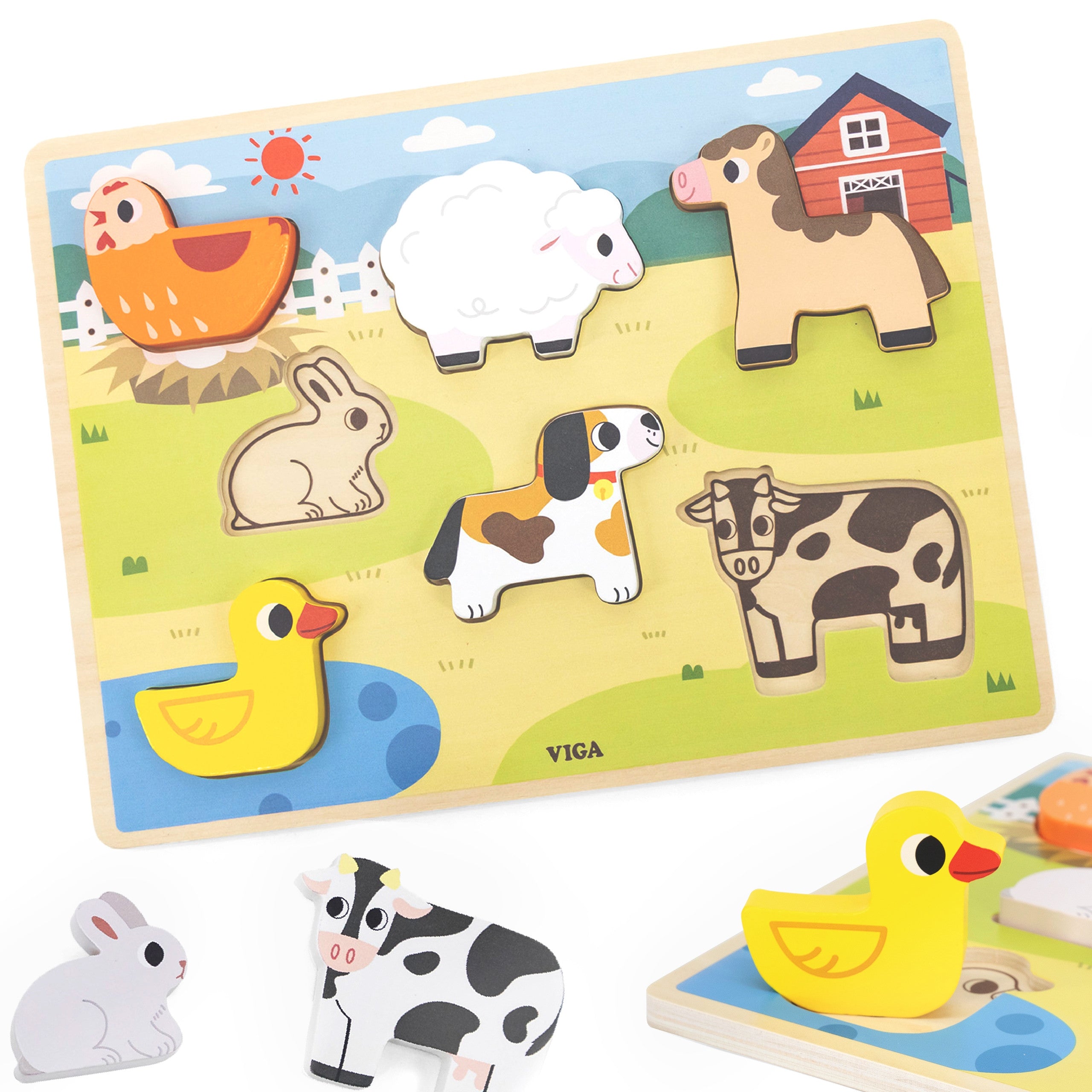 Viga träpussel Montessori 2-i-1 figurer Farm