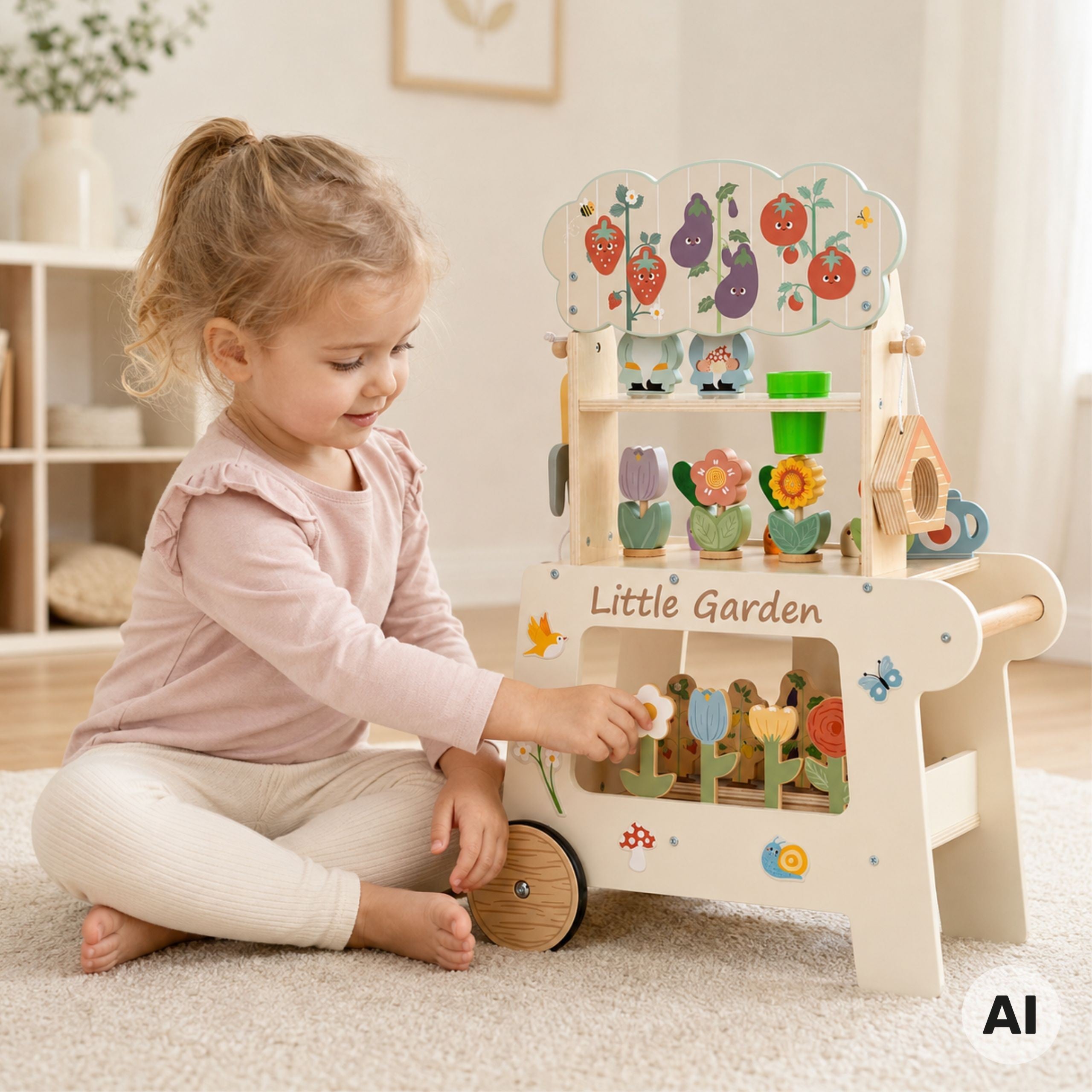 Tooky Toy Montessori Holz-Gartenwagen 57-tlg