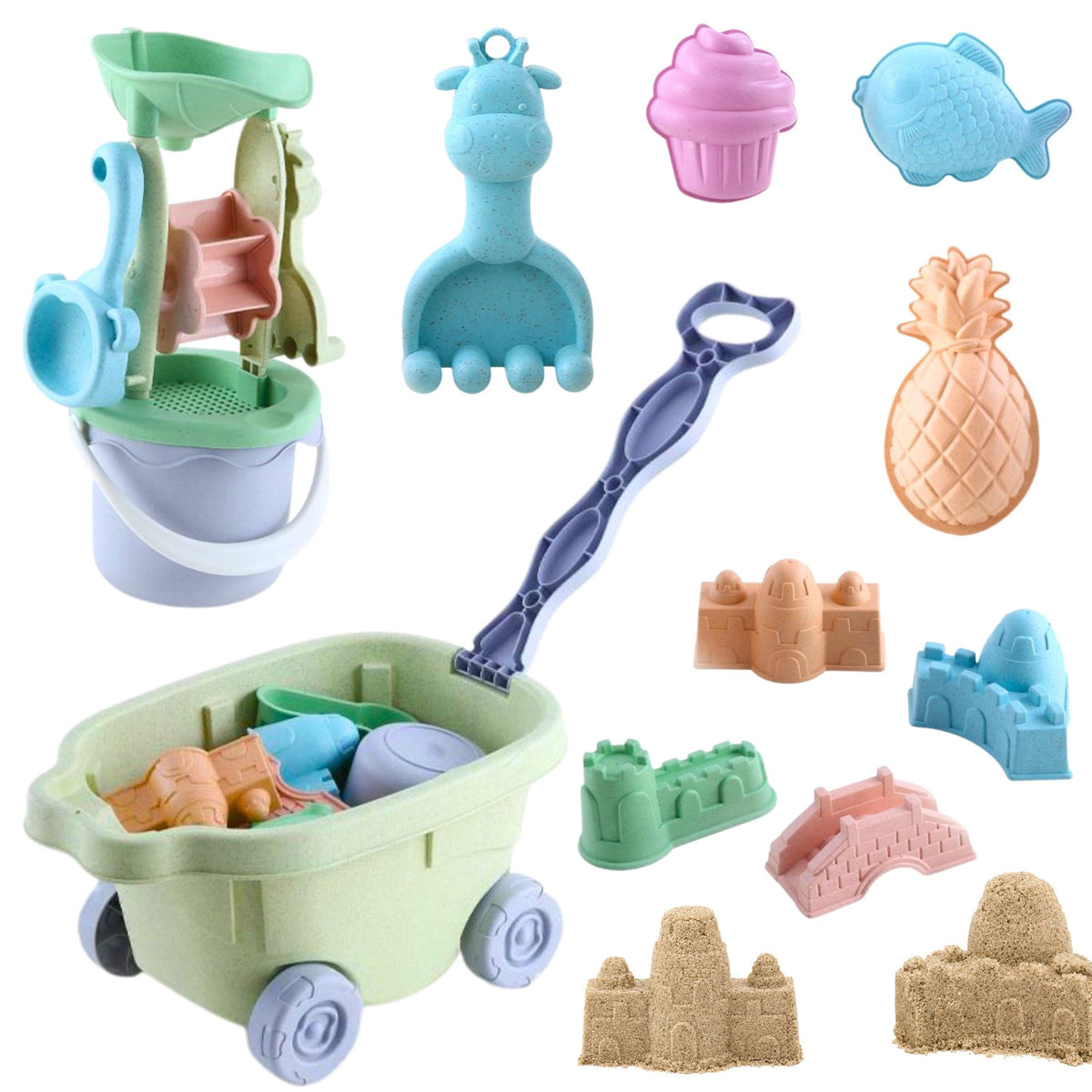 Woopie Green Sand Play Set With Cart 13 Píosa Ábhar Orgánach In-bhithdhíghrádaithe