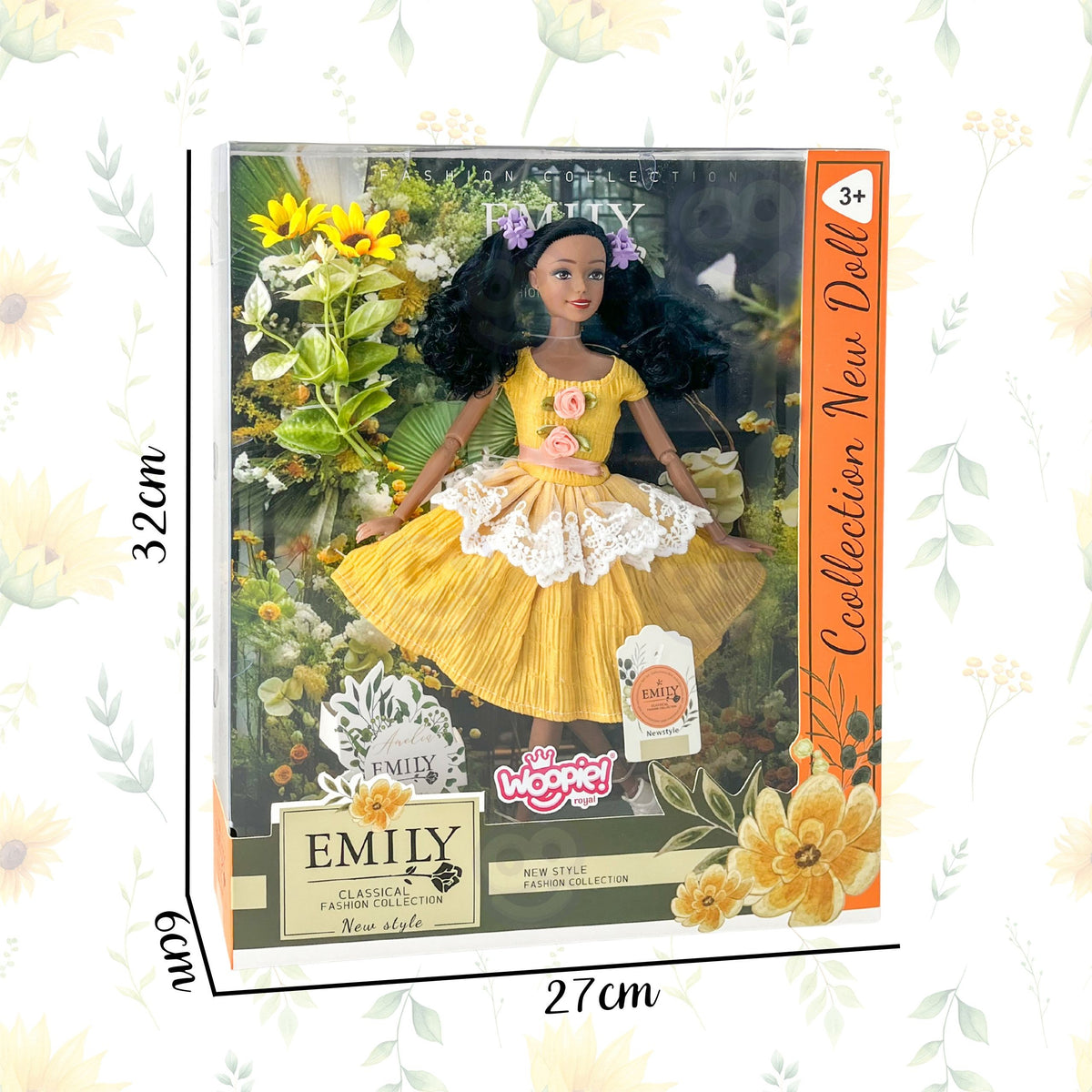 Woopie Royal Emi baba 32 cm-es divatos ruha és gyönyörű fekete haj