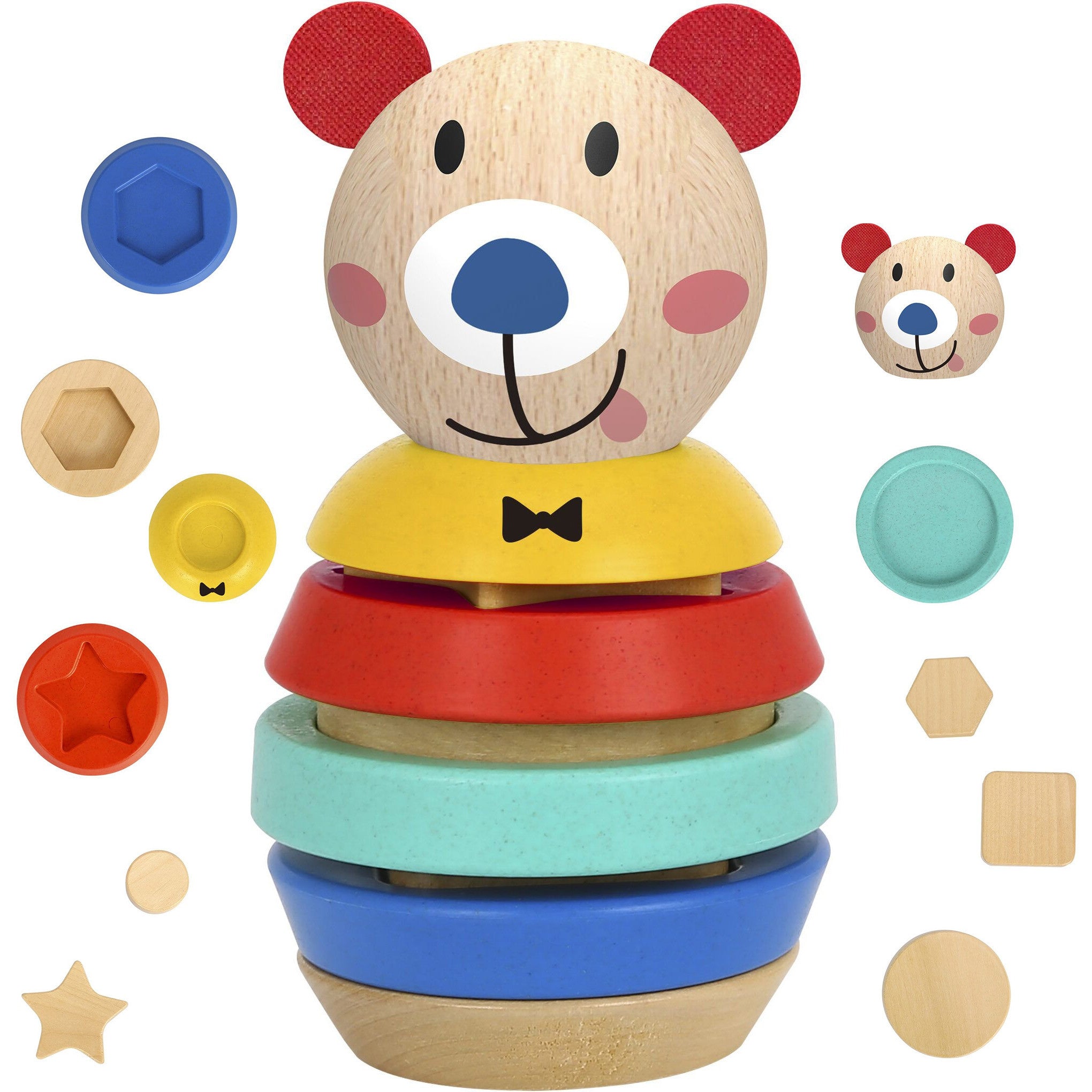 Tooky Toy Wooden Puzzle Pyramid Shapes Teddy Bear 11 Pcs.