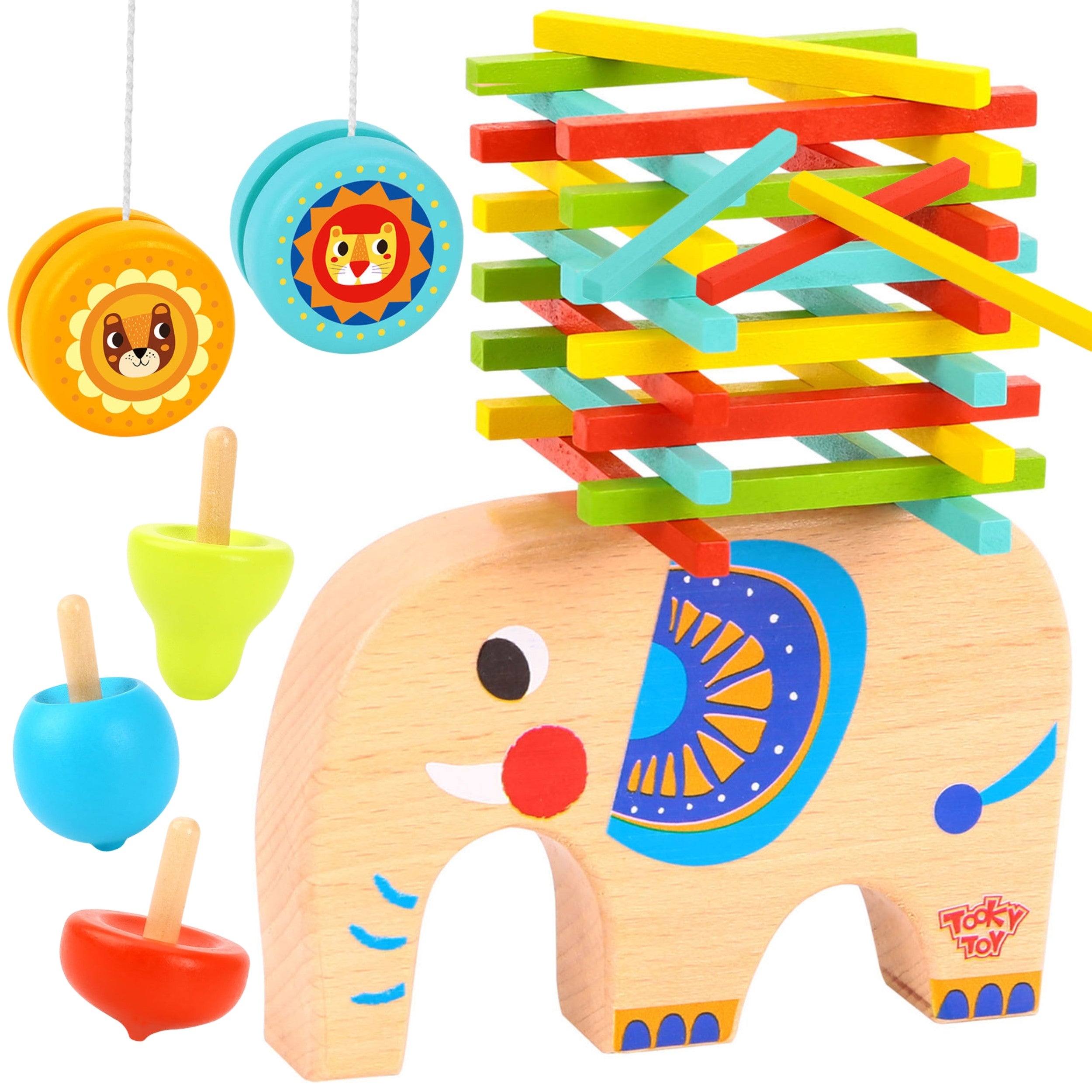 Tooky Toy Sæt Færdighedsspil Pick-up Sticks Jojo Spinning Top Elephant 46 Stk.