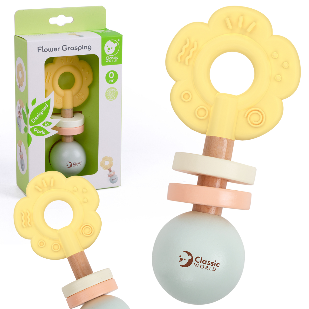 Classic World Houten Pastel Rammelaar Bijtring 2in1 Bloem 0+