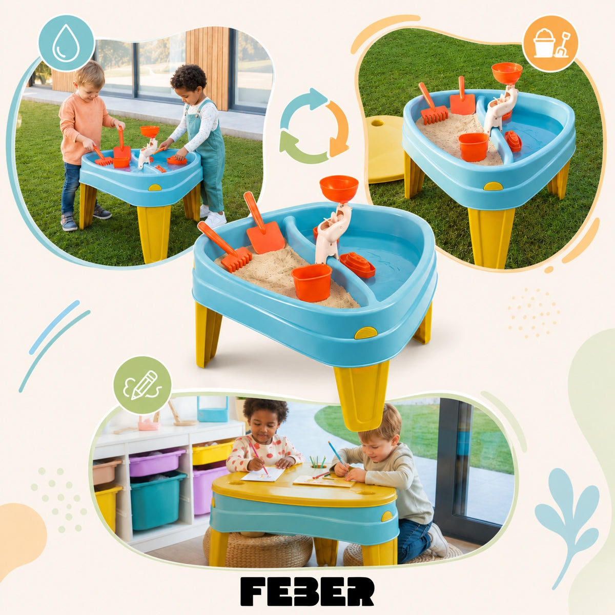 Feber Table à eau 3 en 1 décontractée avec couvercle, bac à sable, accessoires de Table de pique-nique pour bureau