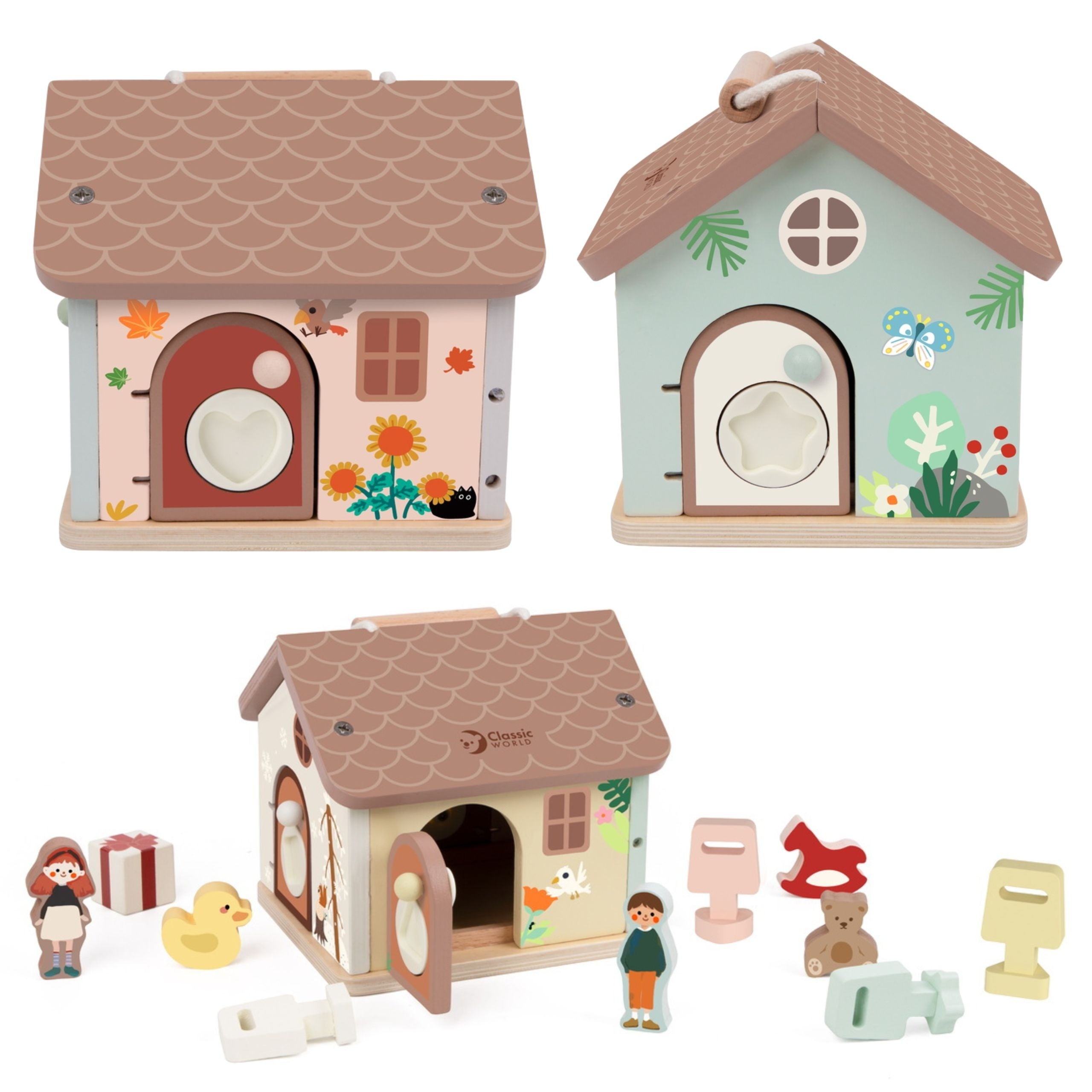 Casa educativa sensoriale in legno Classic World con serrature e chiavi 11 pezzi.
