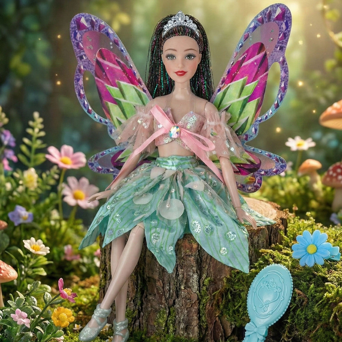 Lalka Woopie Royal Emi Fairy z kolorowymi skrzydłami i szczotką do włosów