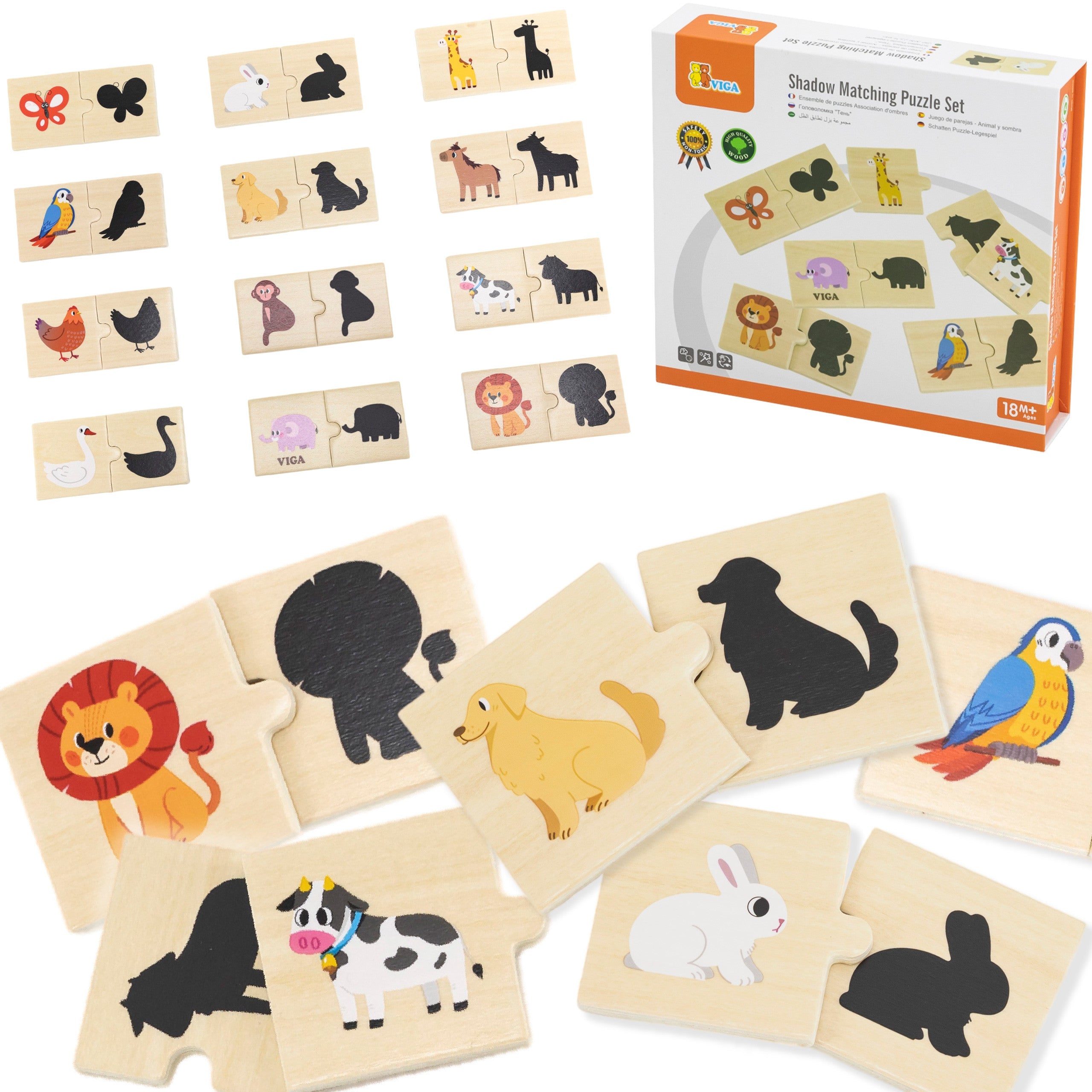 Viga Træpuslespil Sæt Animal Match Shadow Puzzle