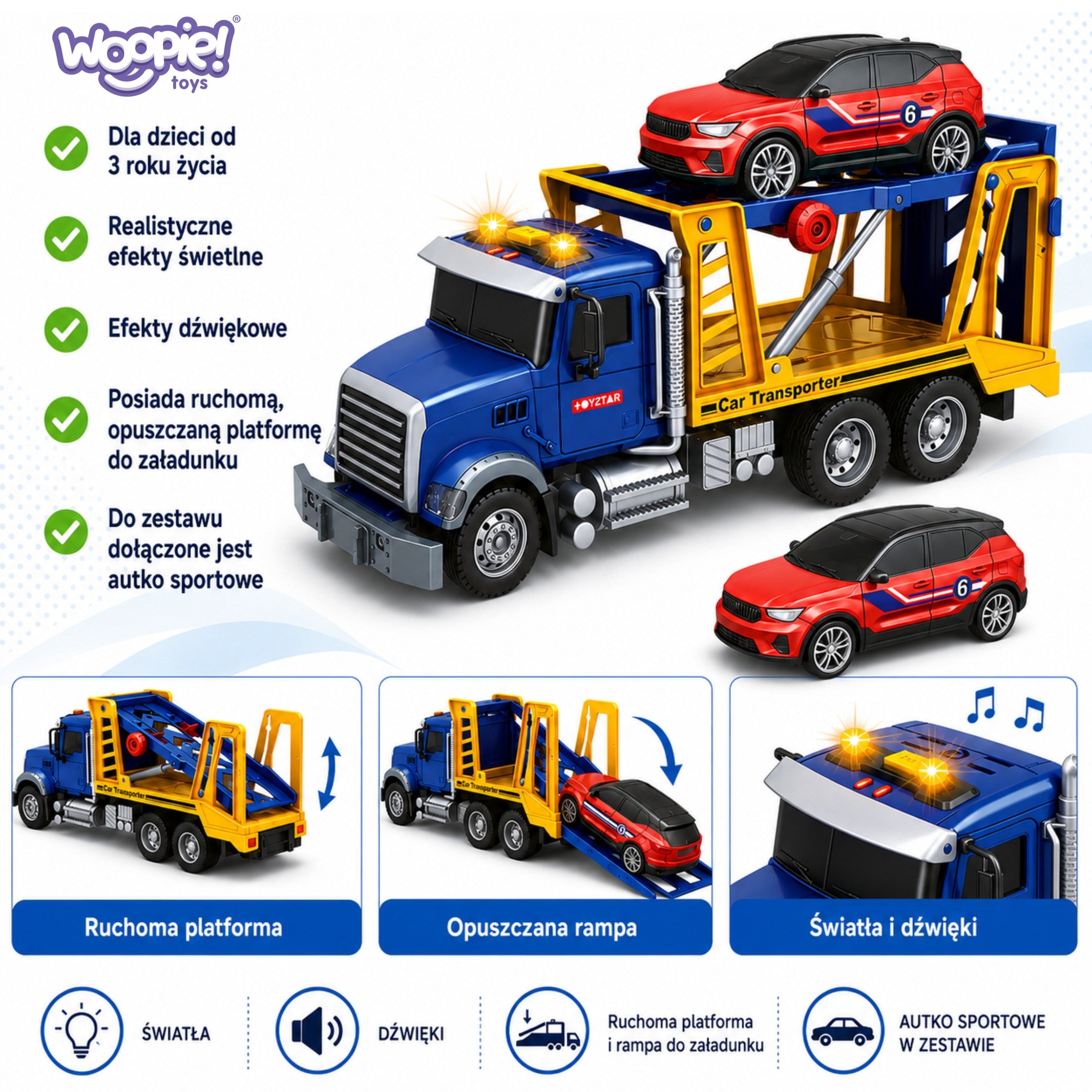 Woopie Grúa Transporter Con Coche Luz Sonido Escala 1:14