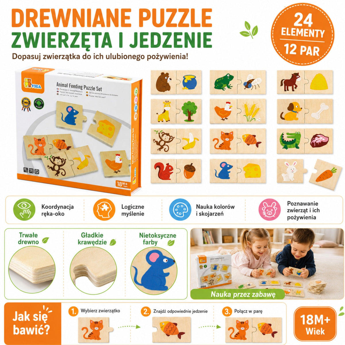 Dřevěné puzzle Viga Nakrmte zvíře Co zvířata jedí Puzzle