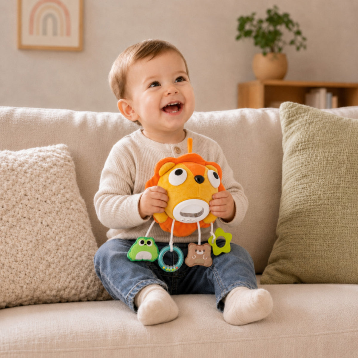 Woopie Baby Plush Lion Peluche musicale interactive avec pendentifs et anneaux de dentition