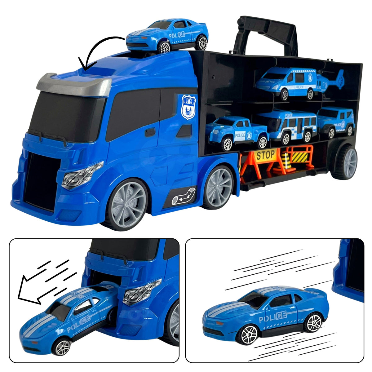 Woopie Truck Transporter Set 3in1 Blaue Polizei