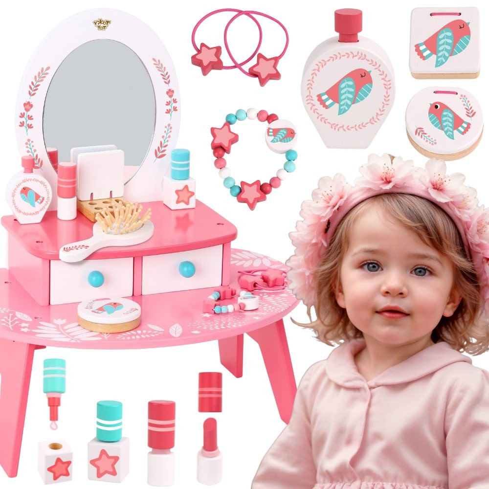 Tooky Toy růžový dřevěný make-up toaletní stolek se zrcadlem