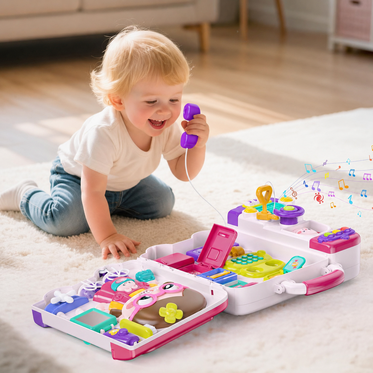 Bord Ionramhála Idirghníomhach Woopie Suitcase Gluaisteán Gnóthach 3in1 Solas Fuaime