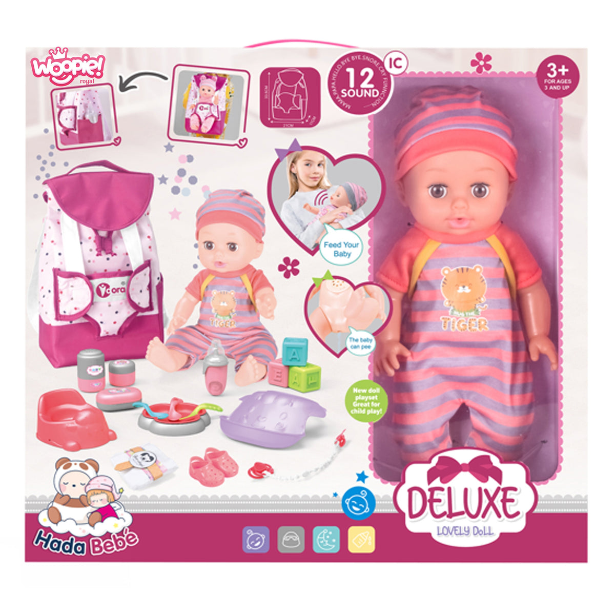 Conjunto de boneca Woopie Royal Babysitter com acessórios 19 peças.