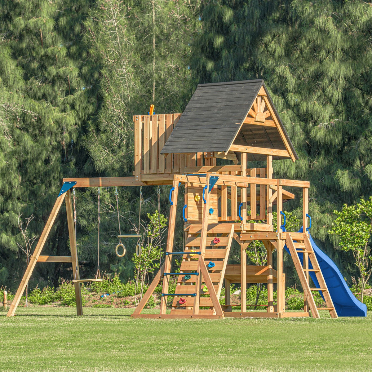 Axi Mitch Play Tower - Velké dřevěné hřiště Skluzavka Houpačky Lezecká stěna + věž