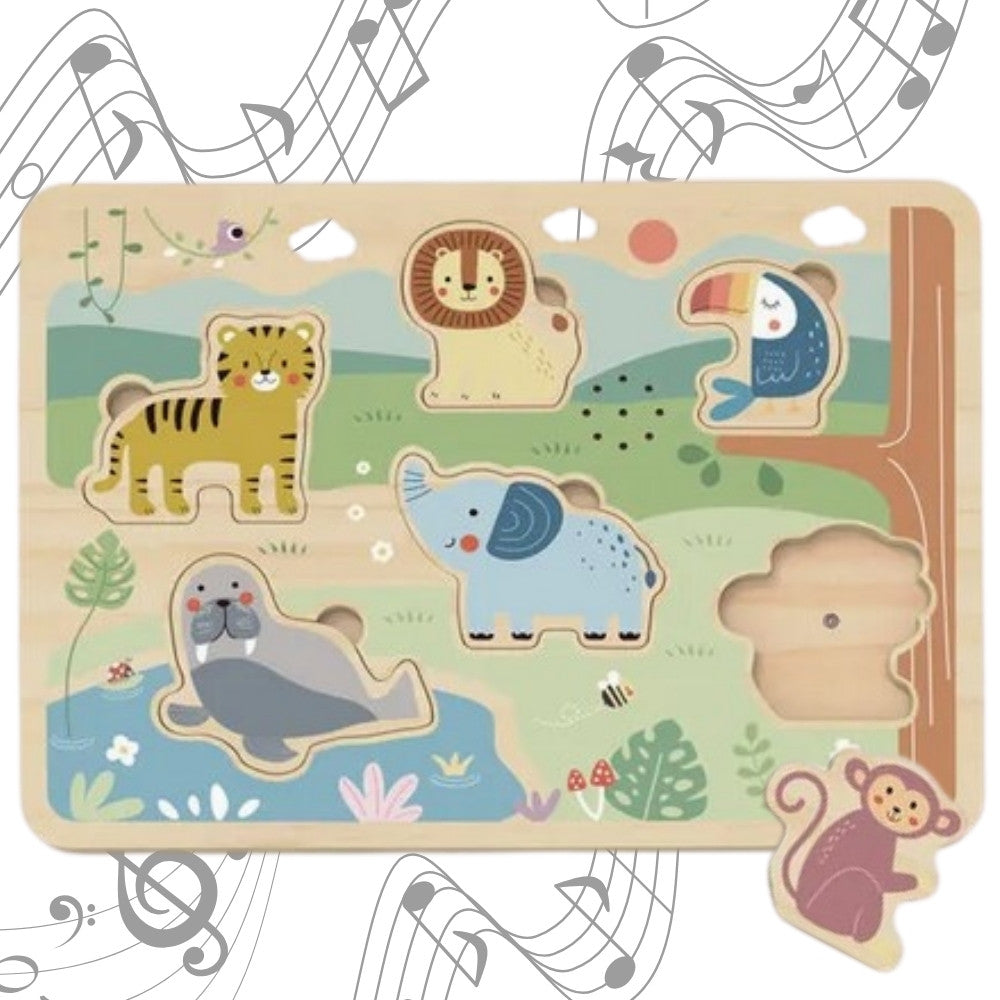 Tooky Toy Puzzle en bois Montessori Puzzle sonore interactif Animaux sauvages Safari