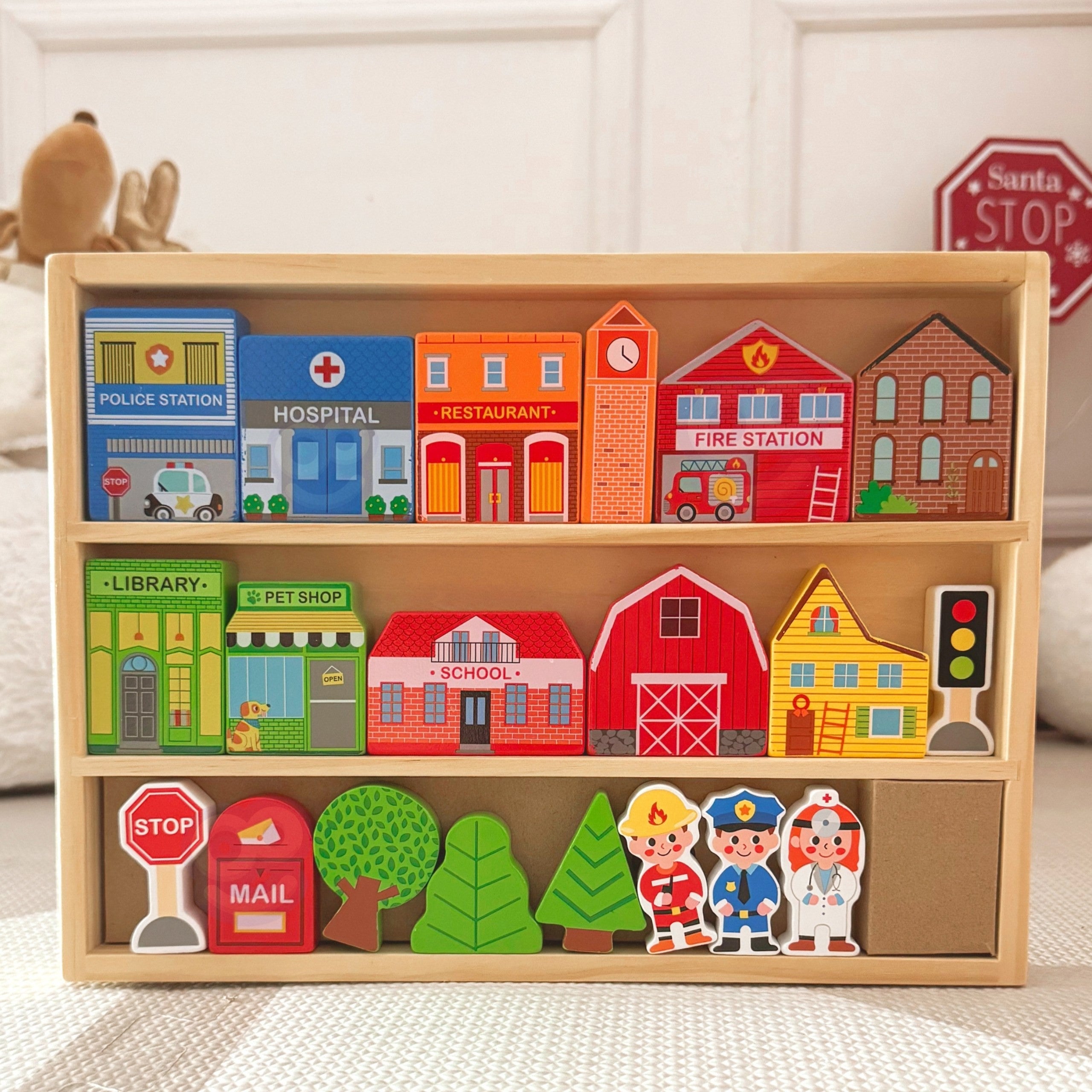Tooky Toy Дървен комплект от сгради и фигури Град