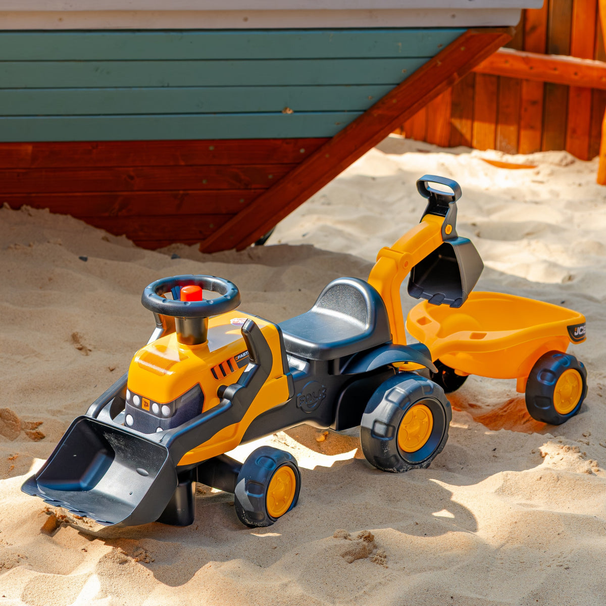 Trator Falk Ride-on Jcb com ancinho de reboque e pá rodas silenciosas 1-3 anos