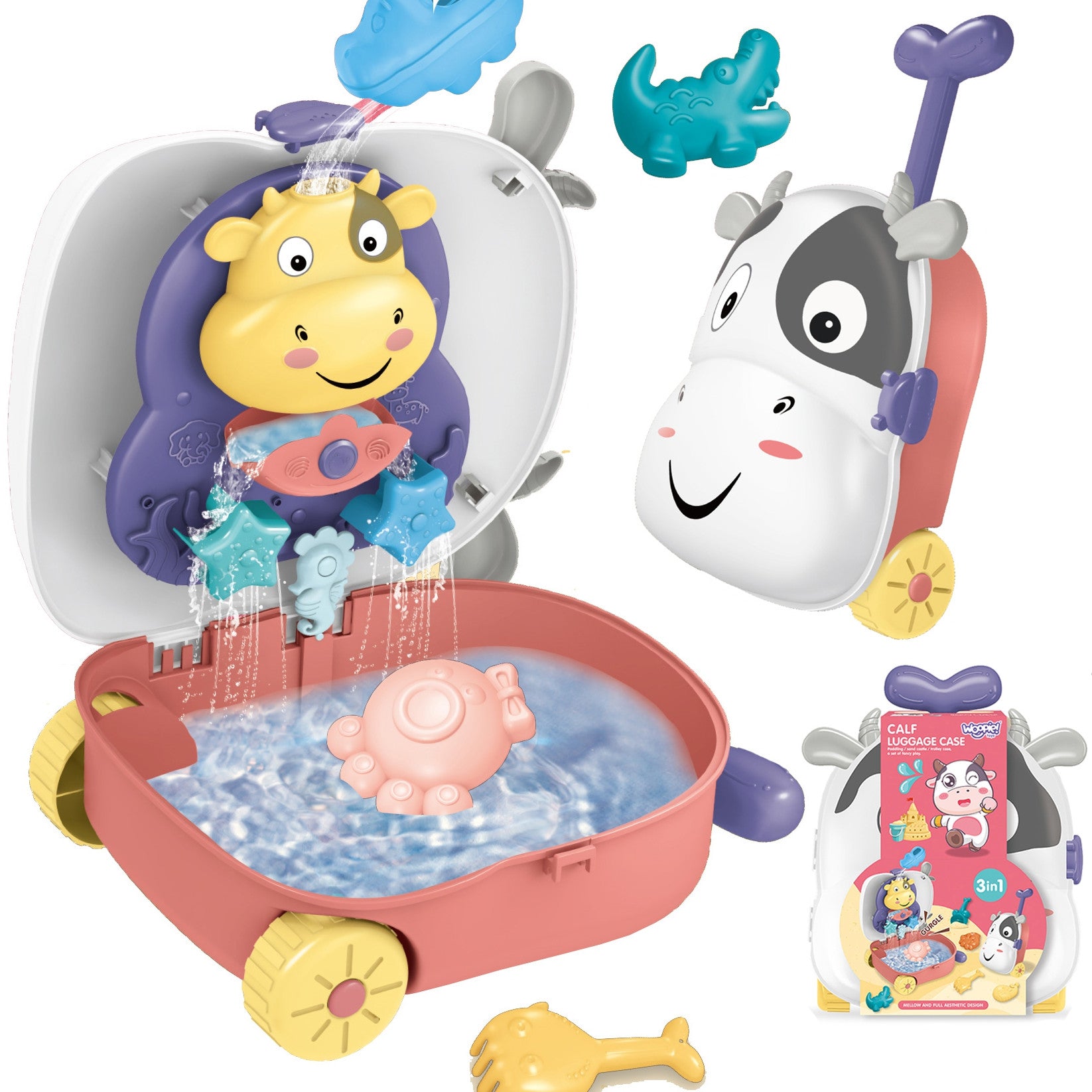 Woopie 3-v-1 Sandbox Set Cow Suitcase Water Table