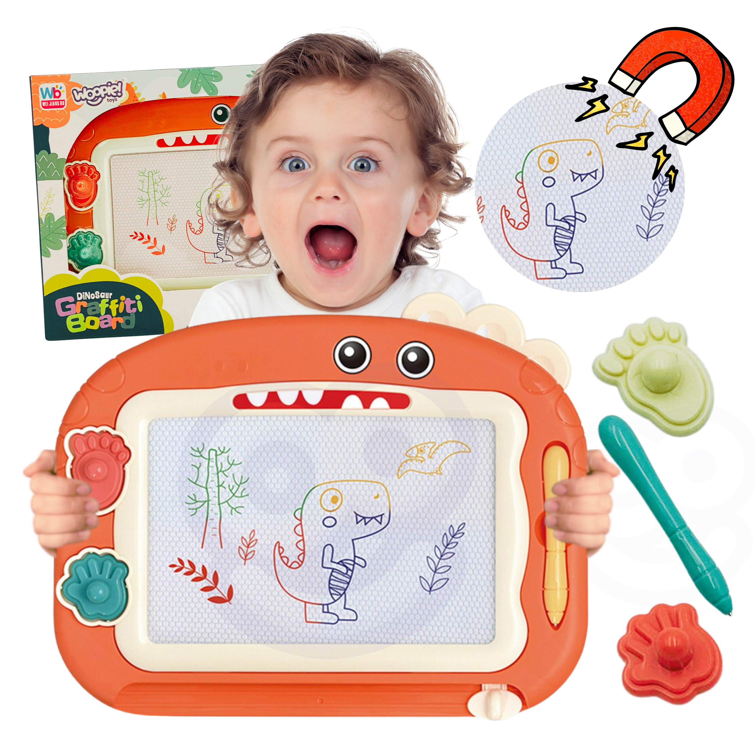 Magnetická tabule s barevnými popisovači Woopie + 2 razítka dinosaurů