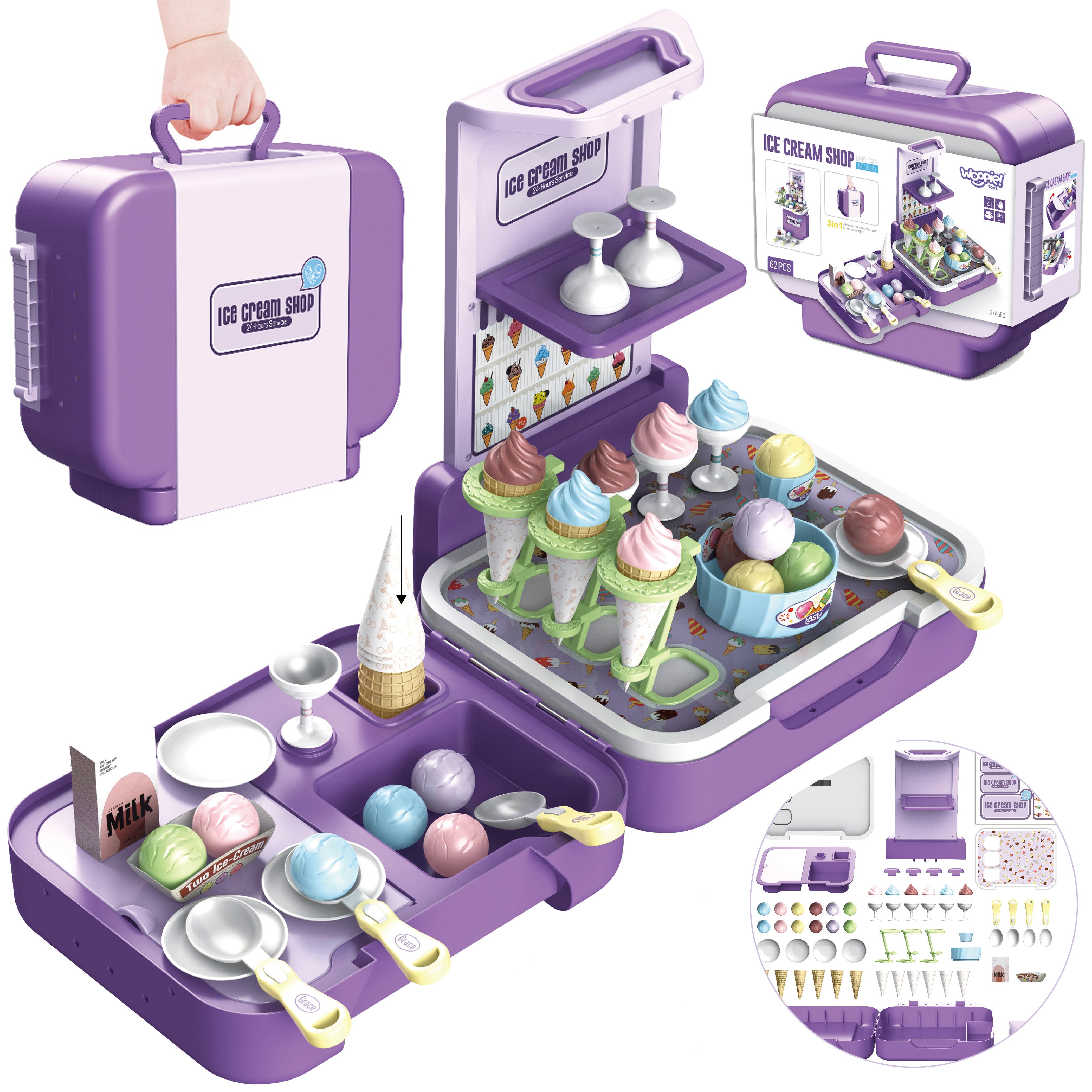 Woopie Ice Cream Case 3 In 1 Kitchen Shop Ice Cream Parlor Portable 62 Pcs.