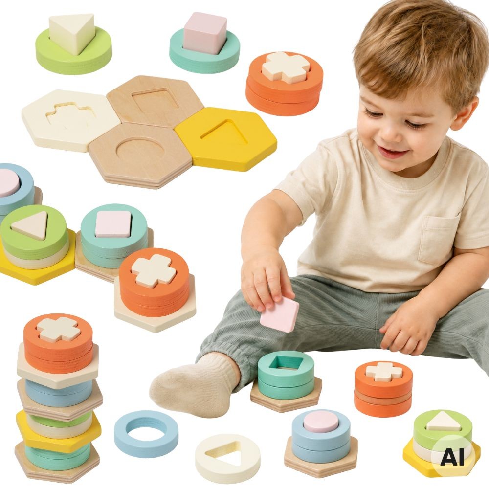 Torre de quebra-cabeça clássica do mundo Montessori em formato e classificador de cores