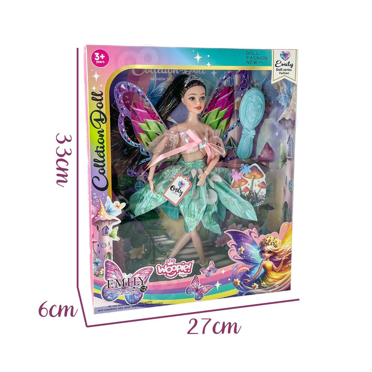 Lalka Woopie Royal Emi Fairy z kolorowymi skrzydłami i szczotką do włosów