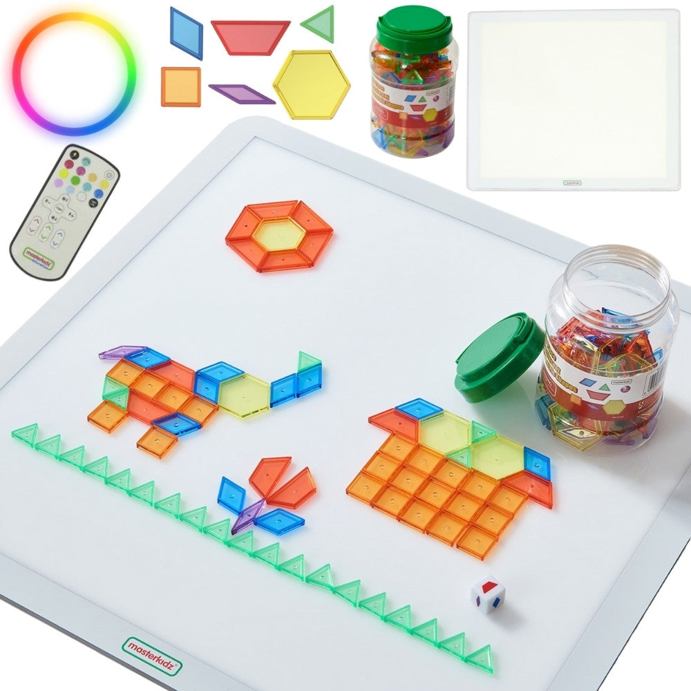 Painel de luz LED quadrado Masterkidz colorido + blocos de mosaico Montessori 140 unidades.