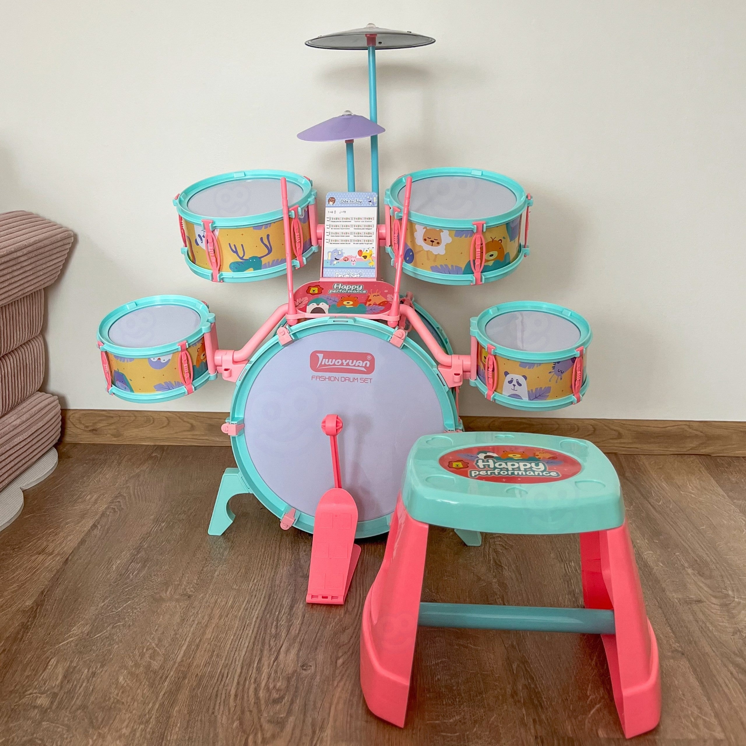 Woopie Percussion Éducative Pour Enfants 5 Tambours 1 Cymbale + Tabouret Thème Animal