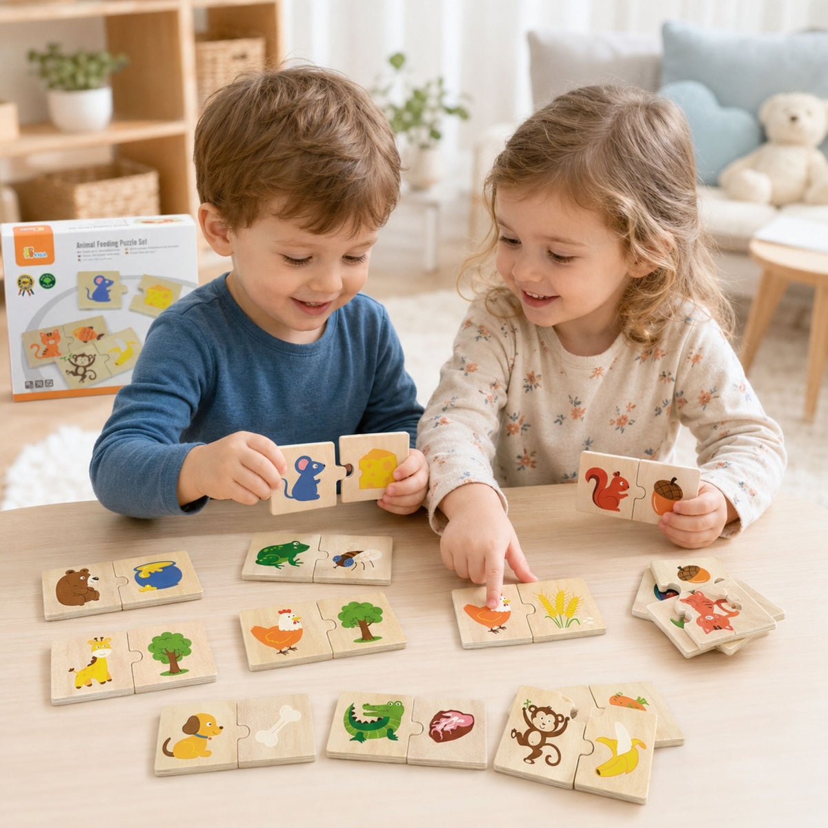 Dřevěné puzzle Viga Nakrmte zvíře Co zvířata jedí Puzzle