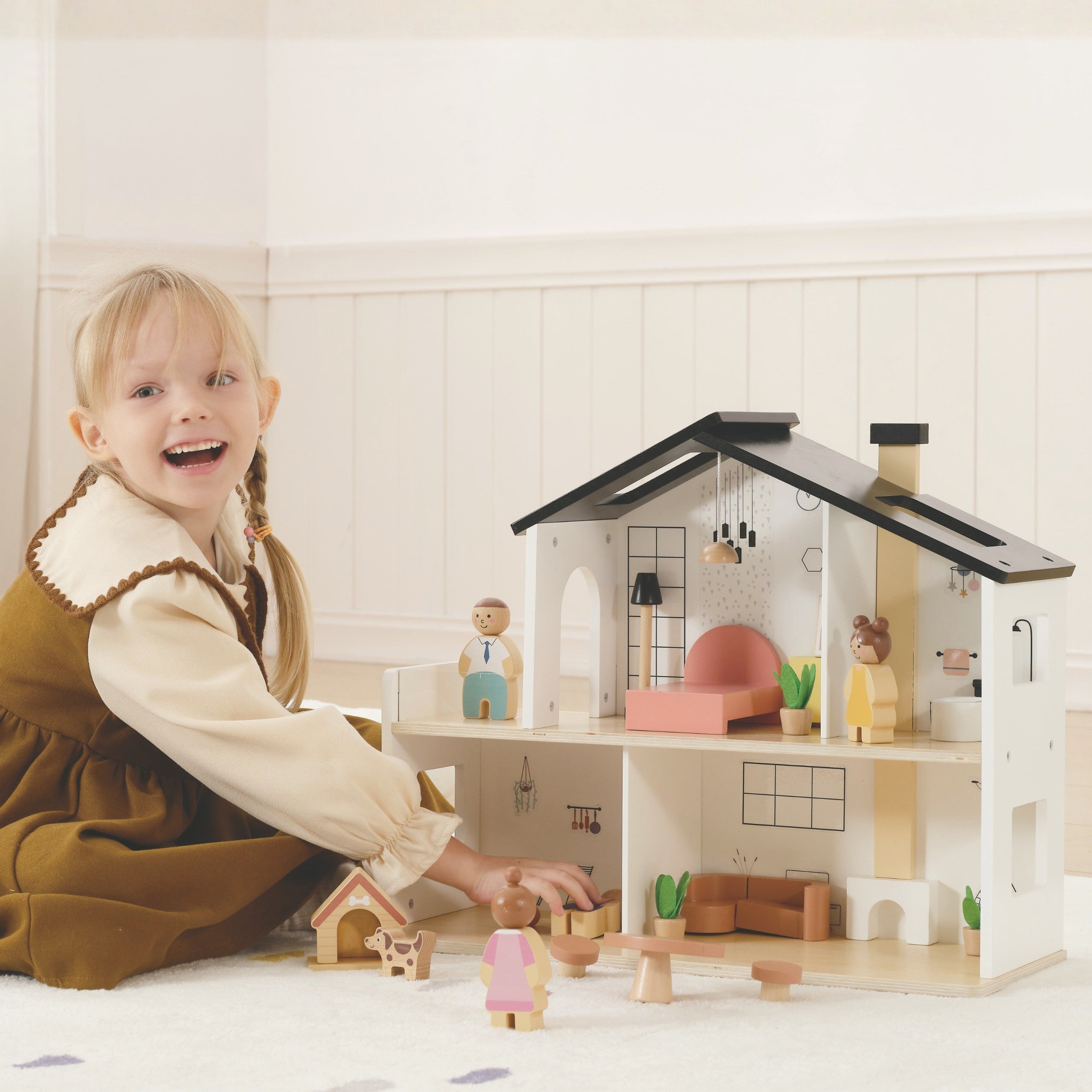 Tooky Toy Дървена къща за кукли с аксесоари и семейство 20 бр.