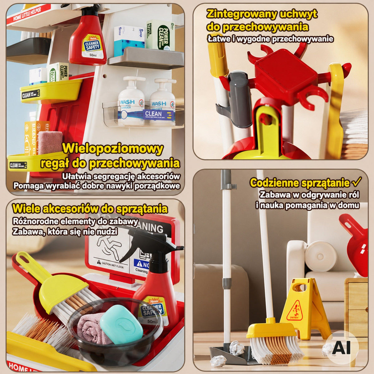Woopie Kinder-Reinigungsset, Trolley, Staubsauger, Mopp, Besen, großes Zubehör, 3+