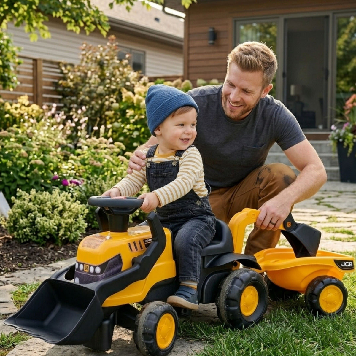 Trator Falk Ride-on Jcb com ancinho de reboque e pá rodas silenciosas 1-3 anos