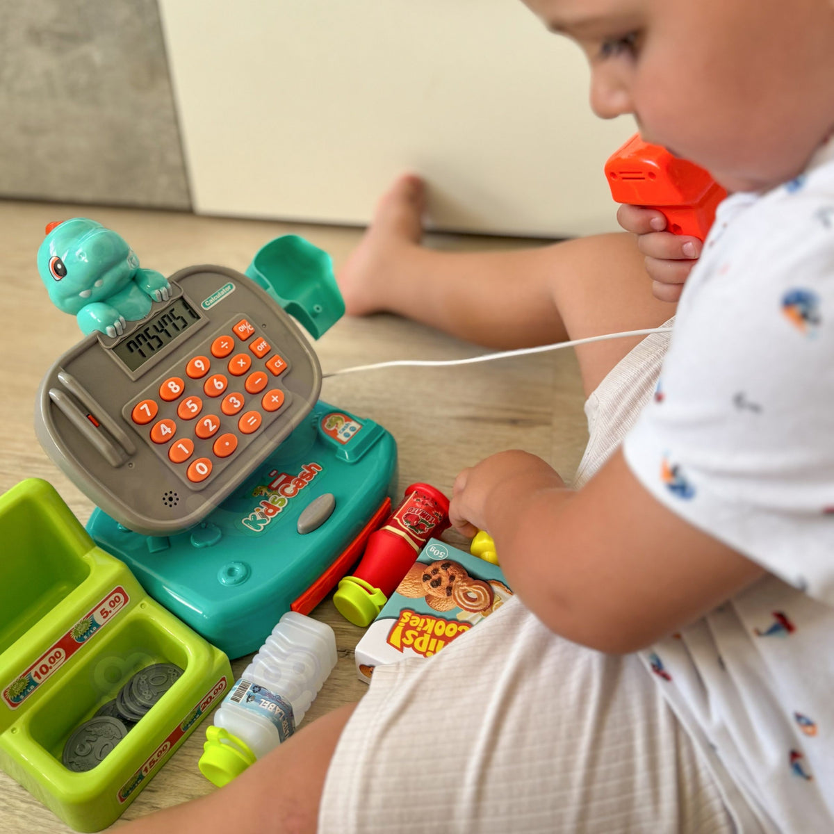 Woopie Dino Registratore di cassa blu con ripiano