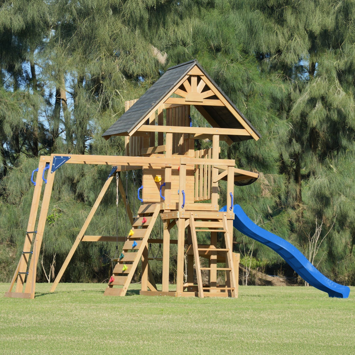 Axi Mitch Play Tower - Velké dřevěné hřiště Skluzavka Houpačky Lezecká stěna + věž