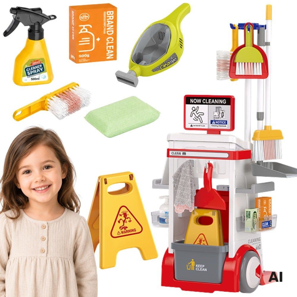 Woopie Kinder-Reinigungsset, Trolley, Staubsauger, Mopp, Besen, großes Zubehör, 3+
