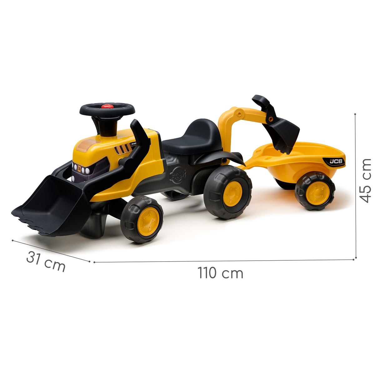 Trator Falk Ride-on Jcb com ancinho de reboque e pá rodas silenciosas 1-3 anos