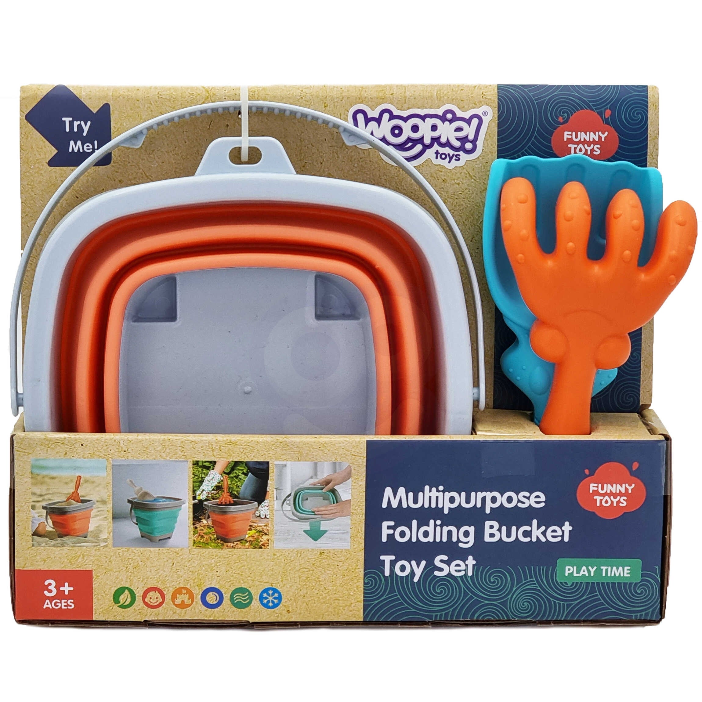 Woopie Falteimer mit Rechen und Schaufel-Set, Orange