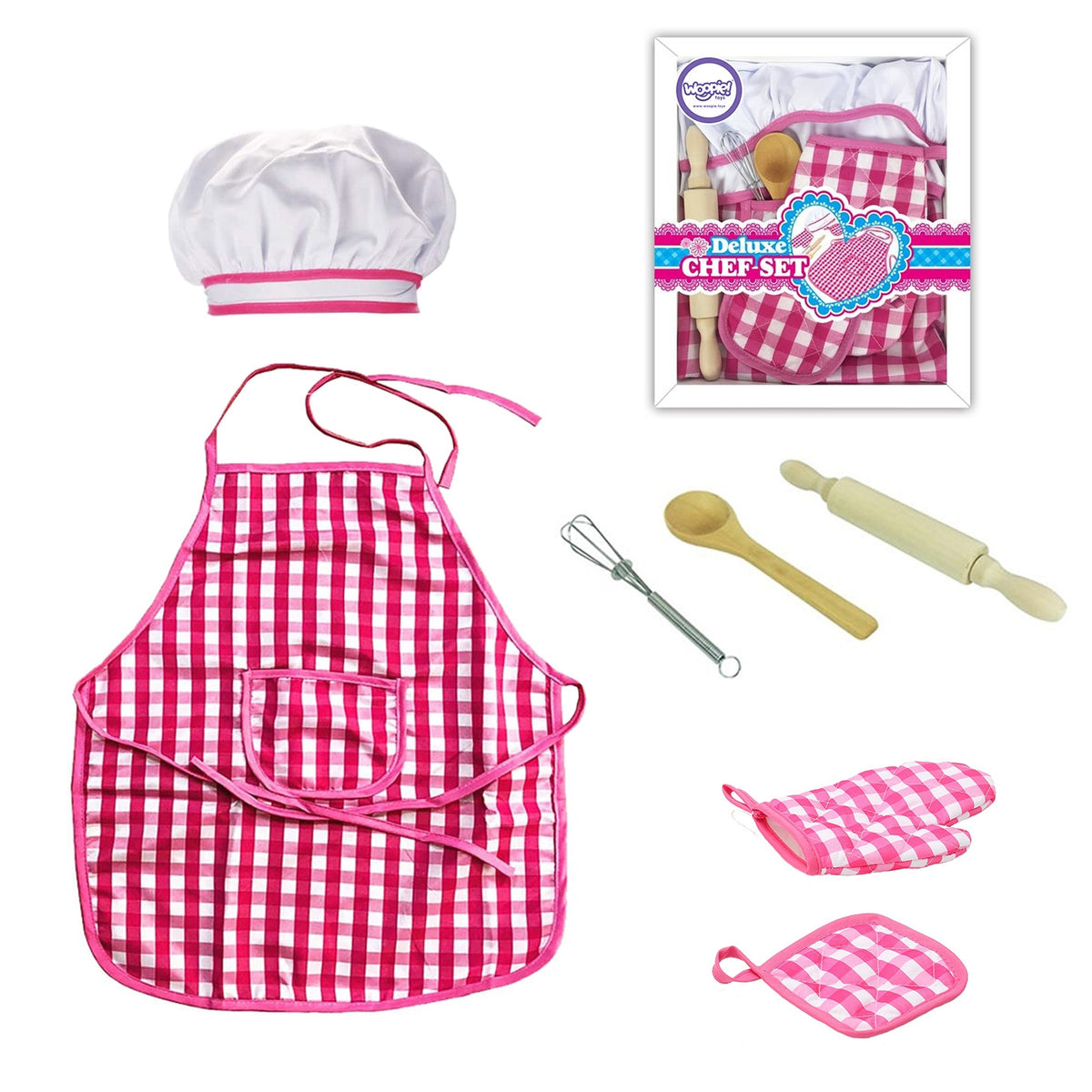 Conjunto Woopie Little Chef: traje de cozinha, acessórios de cozinha, avental de 7 peças