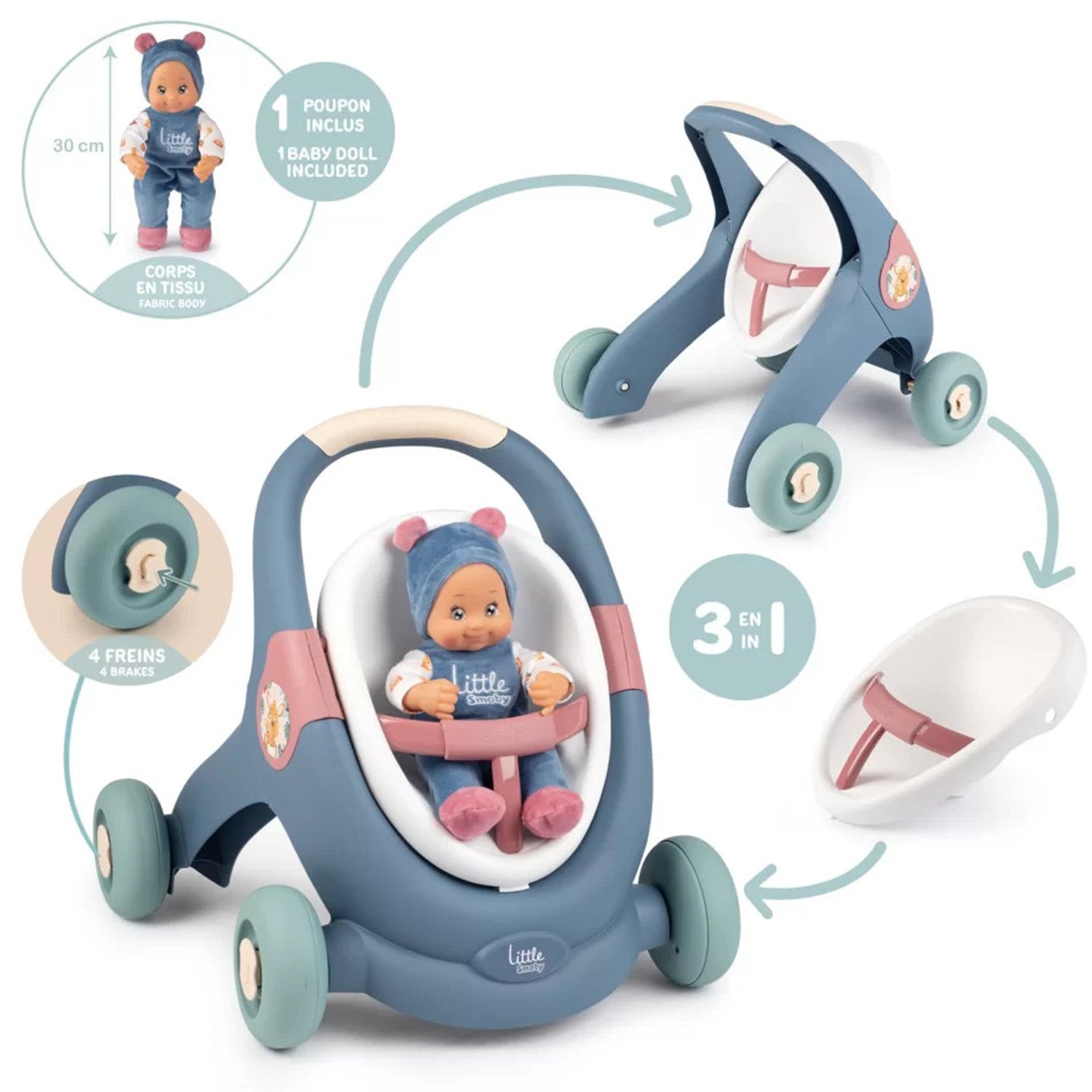 Smoby Little Walker Pusher 3in1 Stroller For Children + Baby Doll