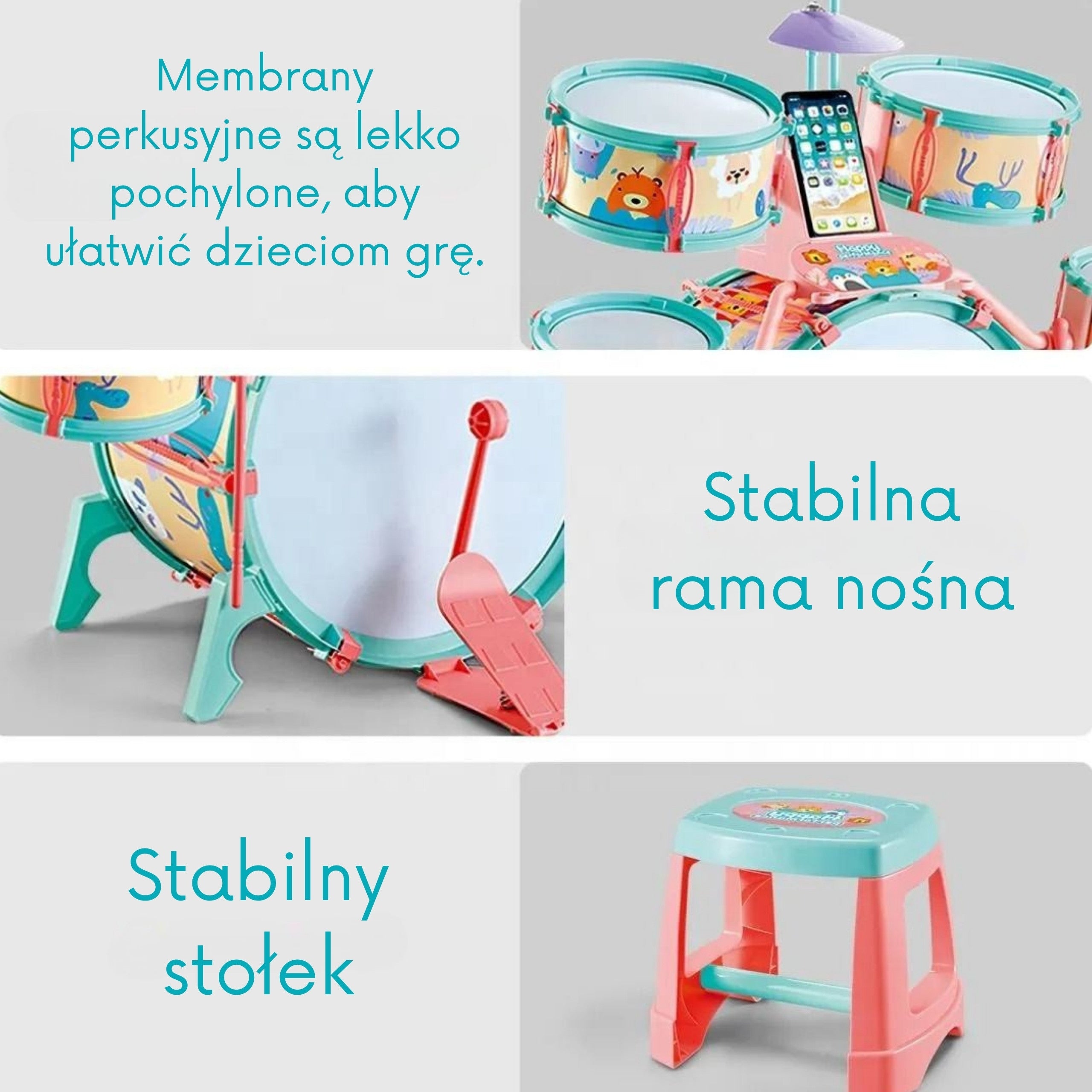 Woopie Percussion Éducative Pour Enfants 5 Tambours 1 Cymbale + Tabouret Thème Animal