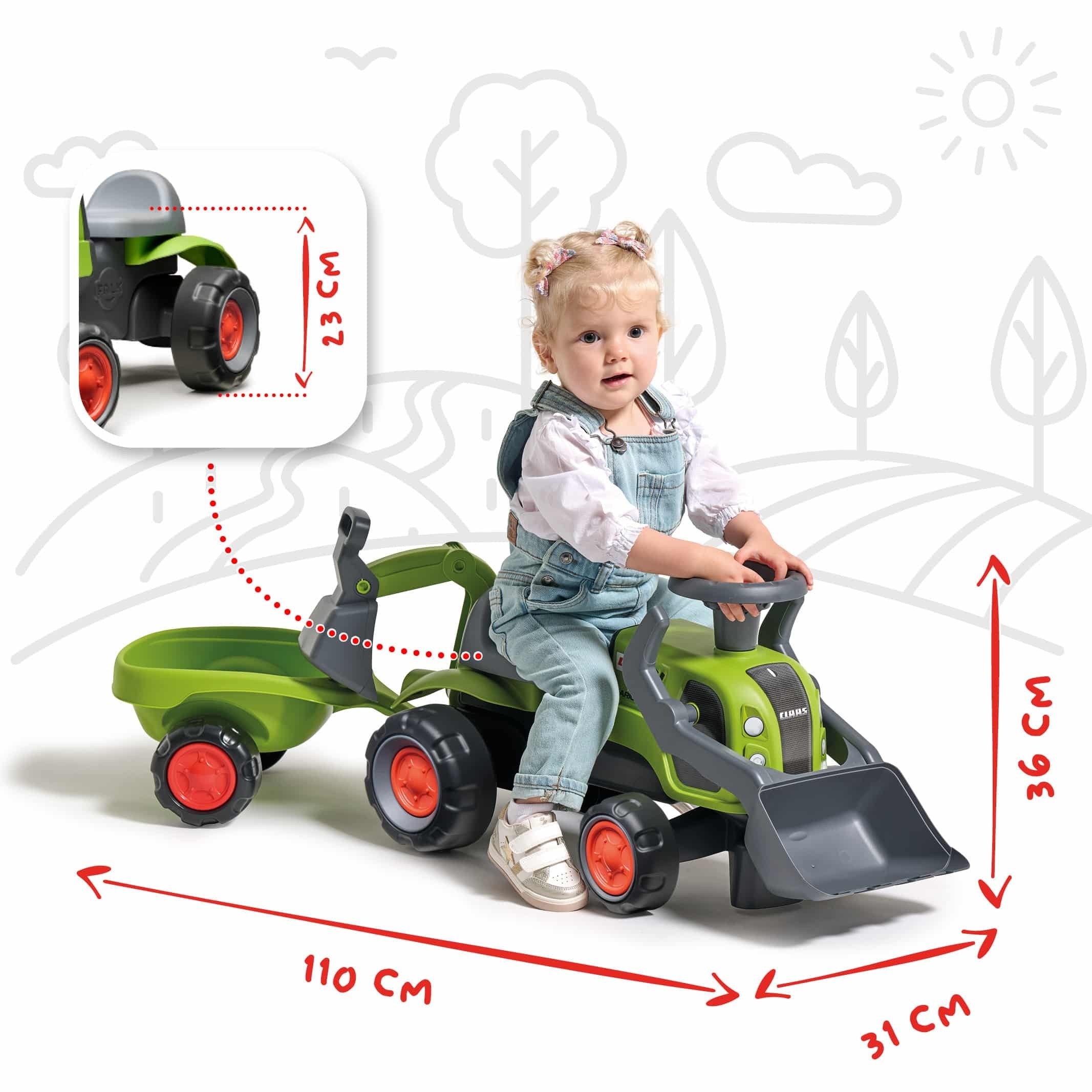 Falk Baby Claas Ride-on Tractor With Excavator Bucket And Trailer