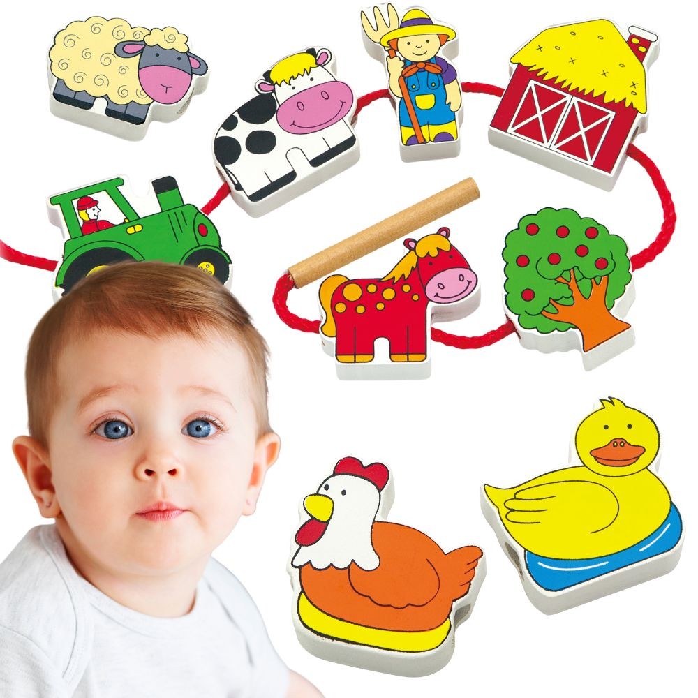 Drewniane klocki do przeplatania Viga Montessori Farma gwintowania