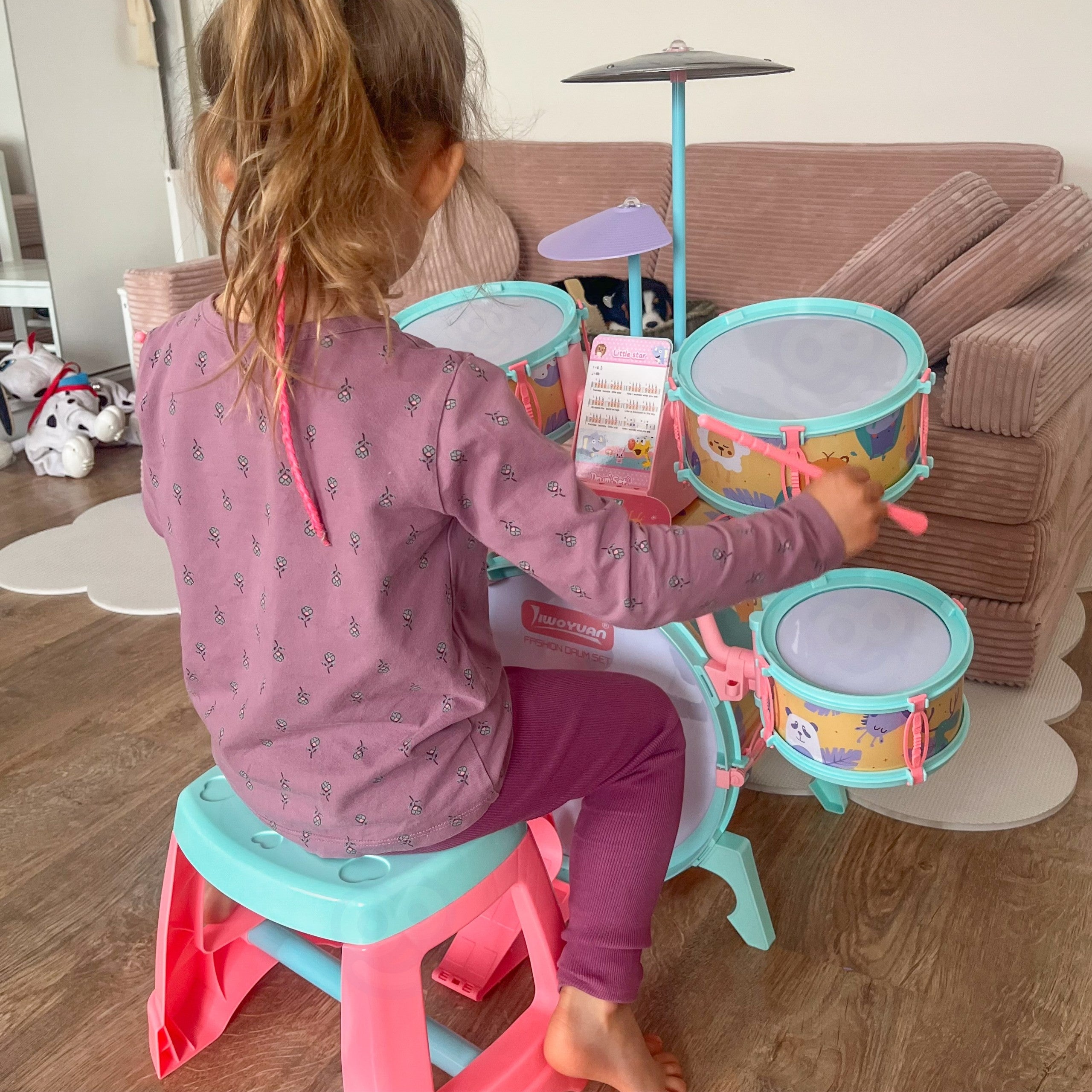 Woopie Percussion Éducative Pour Enfants 5 Tambours 1 Cymbale + Tabouret Thème Animal