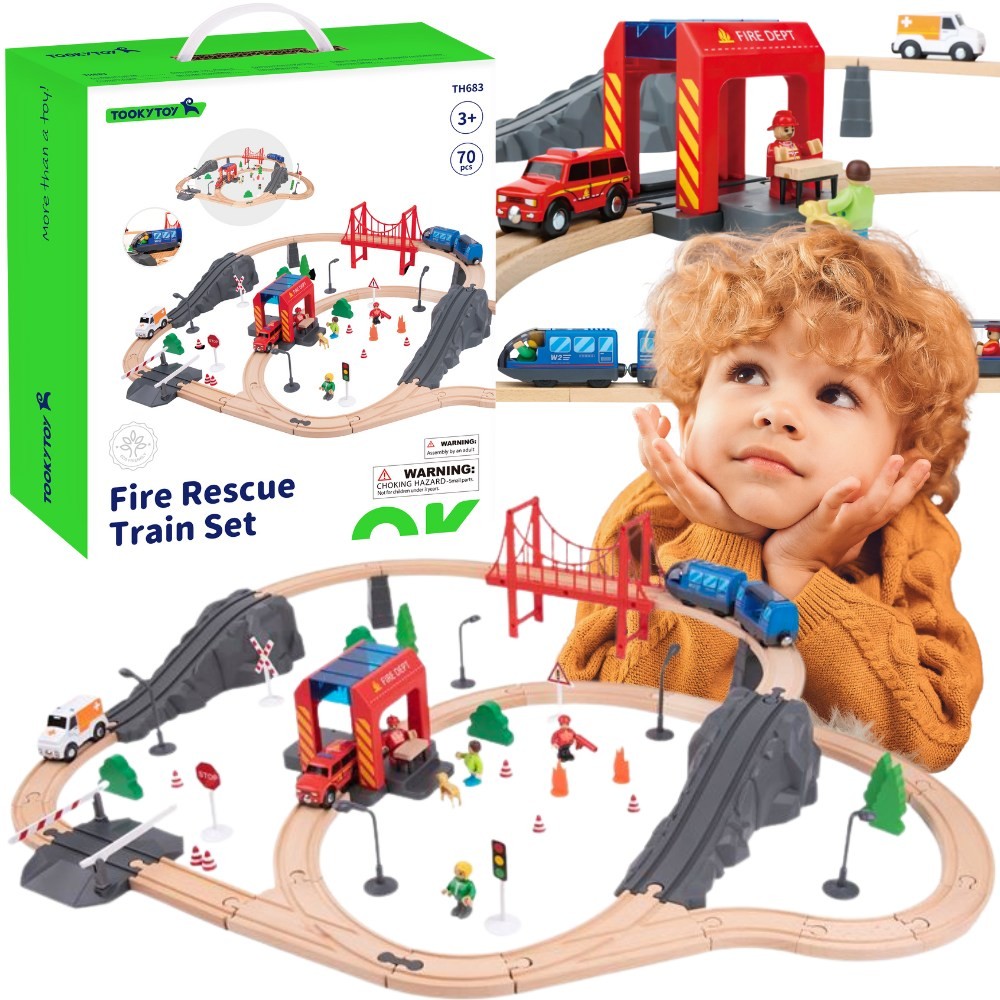 Tooky Toy Dřevěný elektrický vláček Zvukové efekty hasičského sboru 70 ks Fsc