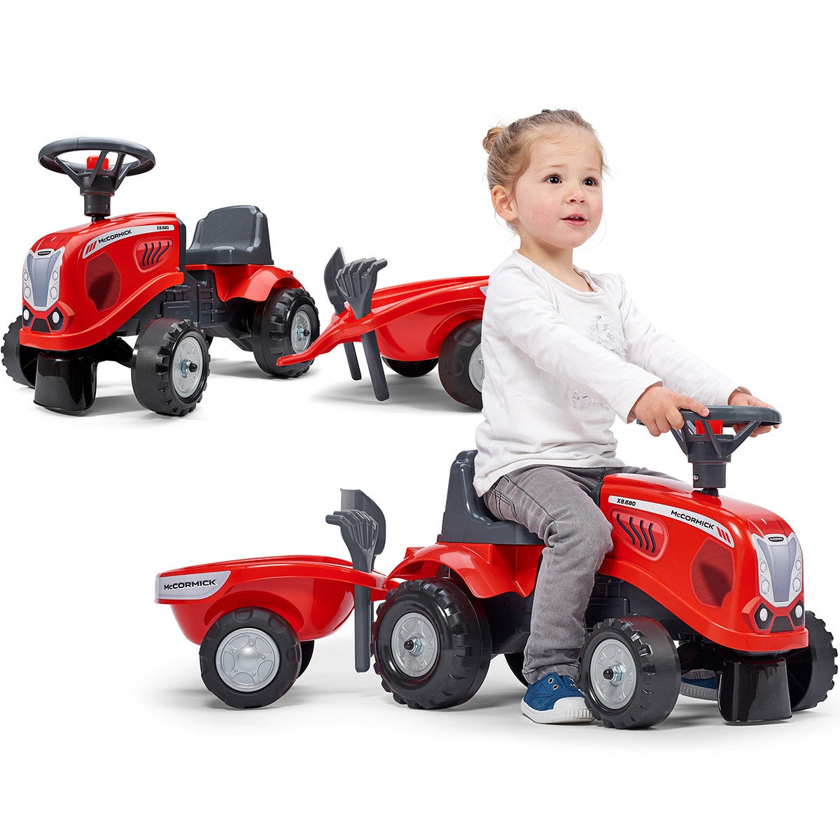 Czerwony traktor Falk Baby Mac Cormick z przyczepą i akcesoriami od 1 roku